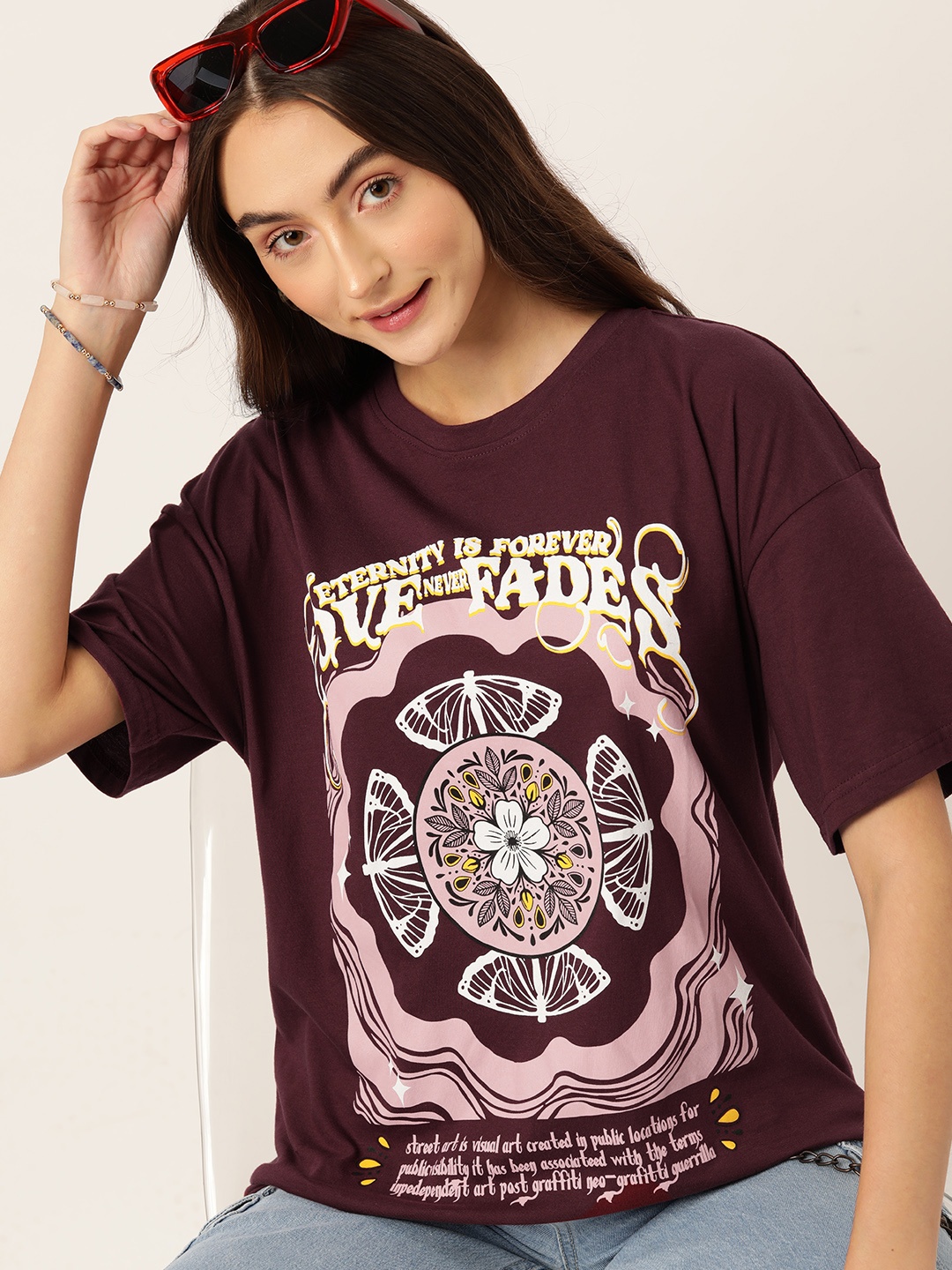 

DressBerry Women Printed Pure Cotton Longline T-shirt, Maroon