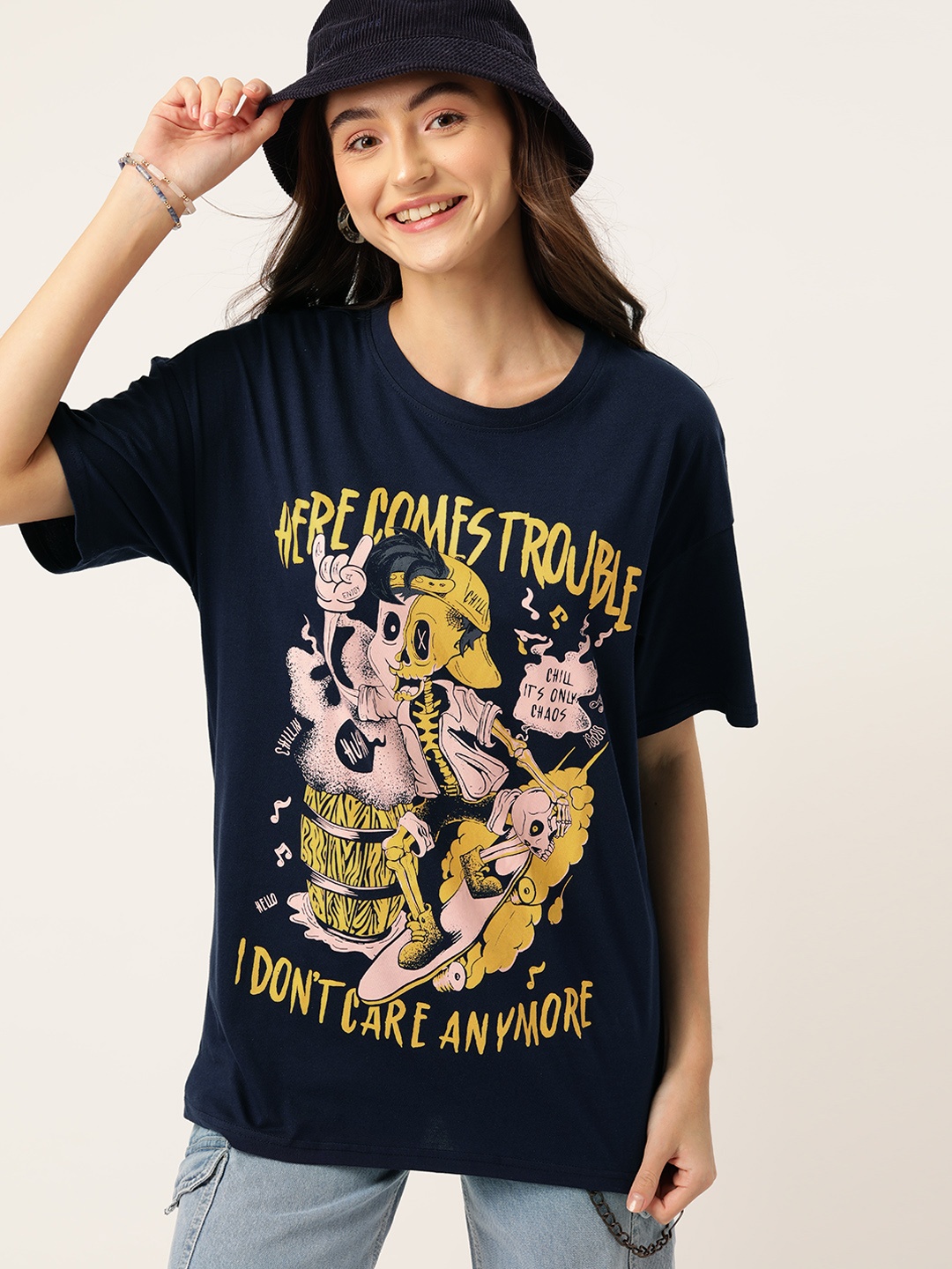 

DressBerry Women Printed Pure Cotton Longline T-shirt, Navy blue