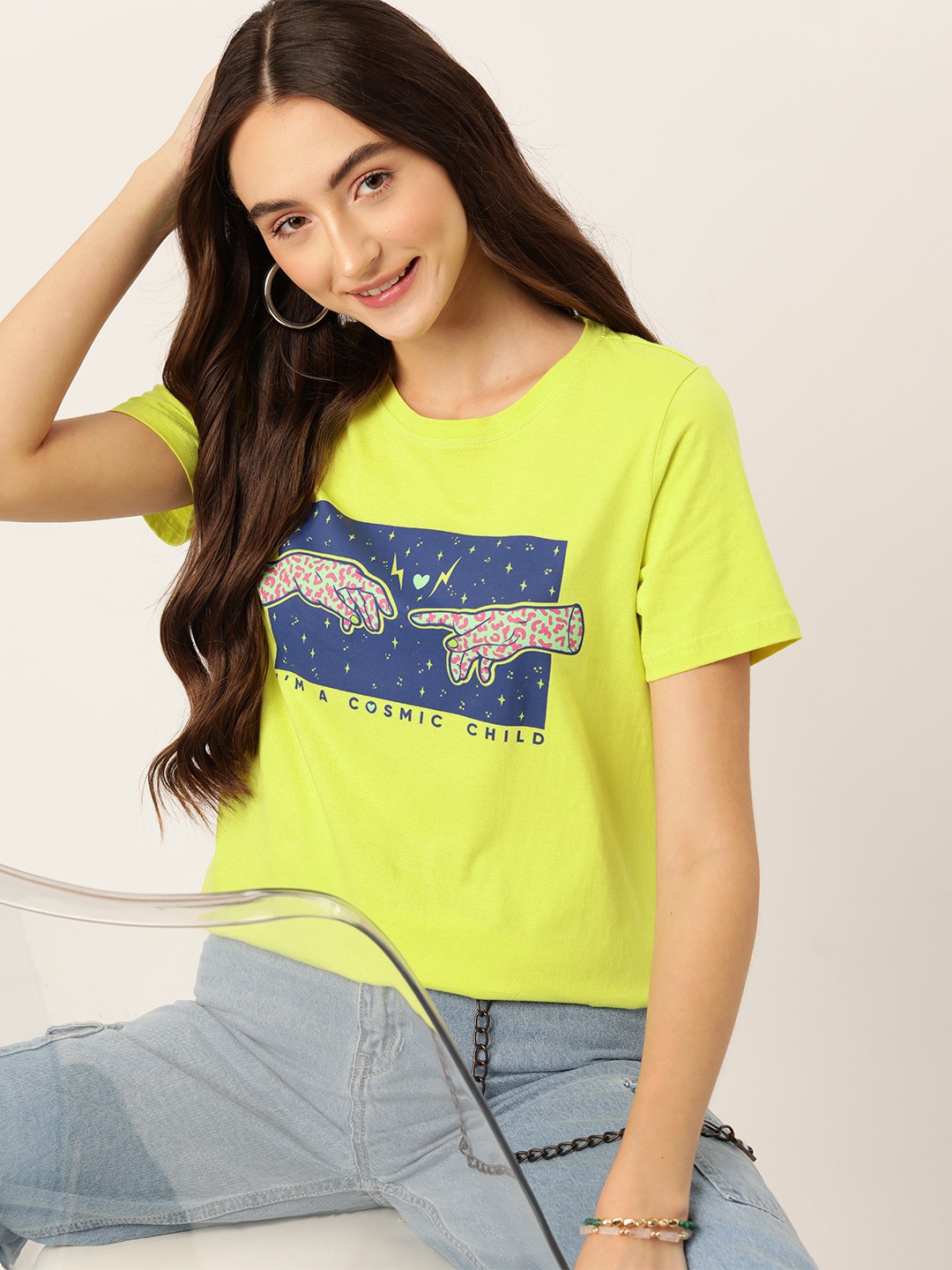 

DressBerry Women Printed Pure Cotton T-shirt, Fluorescent green