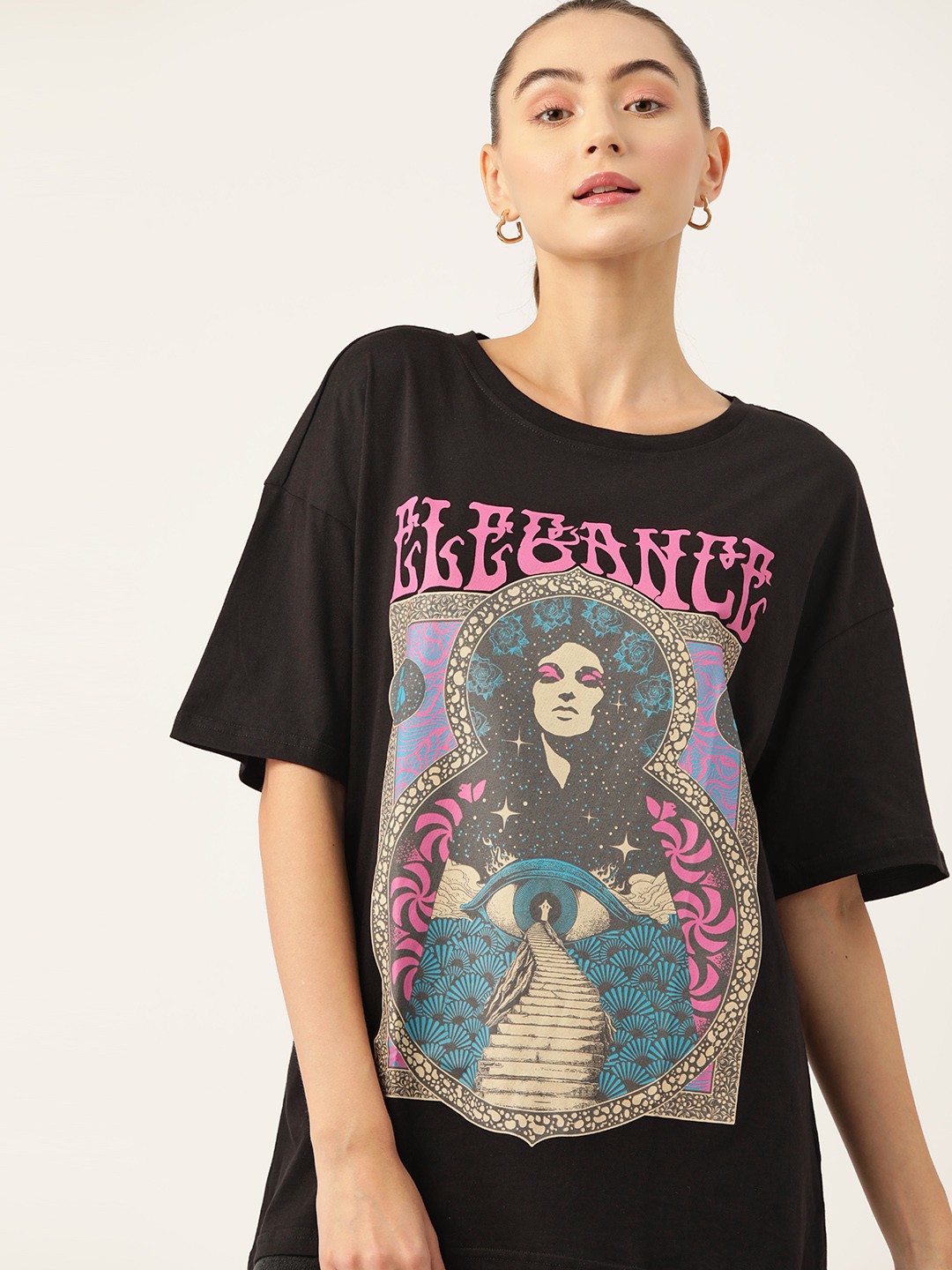 

DressBerry Printed Drop-Shoulder Pure Cotton Longline T-shirt, Black