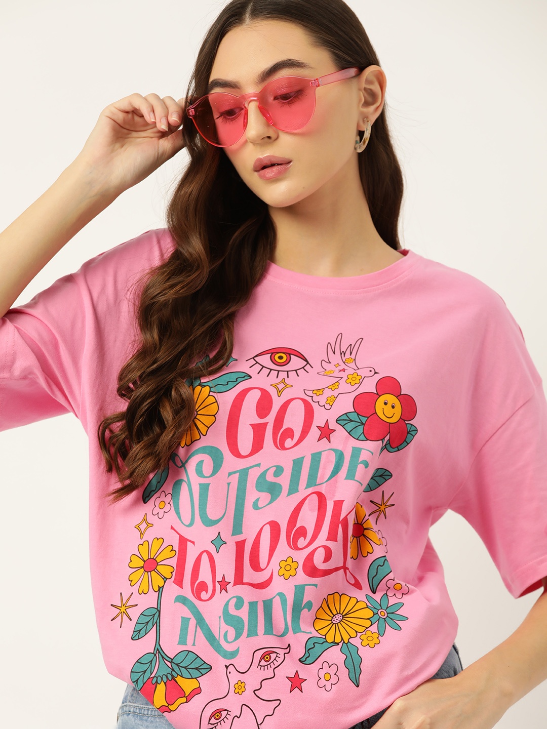 

DressBerry Graphic Printed Drop-Shoulder Sleeves Pure Cotton Oversized T-shirt, Pink