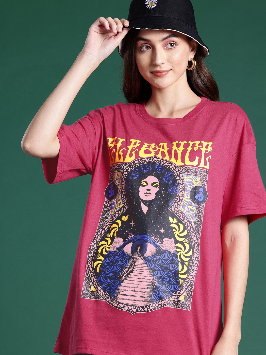 

DressBerry Printed Drop-Shoulder Sleeves Pure Cotton T-shirt, Coral