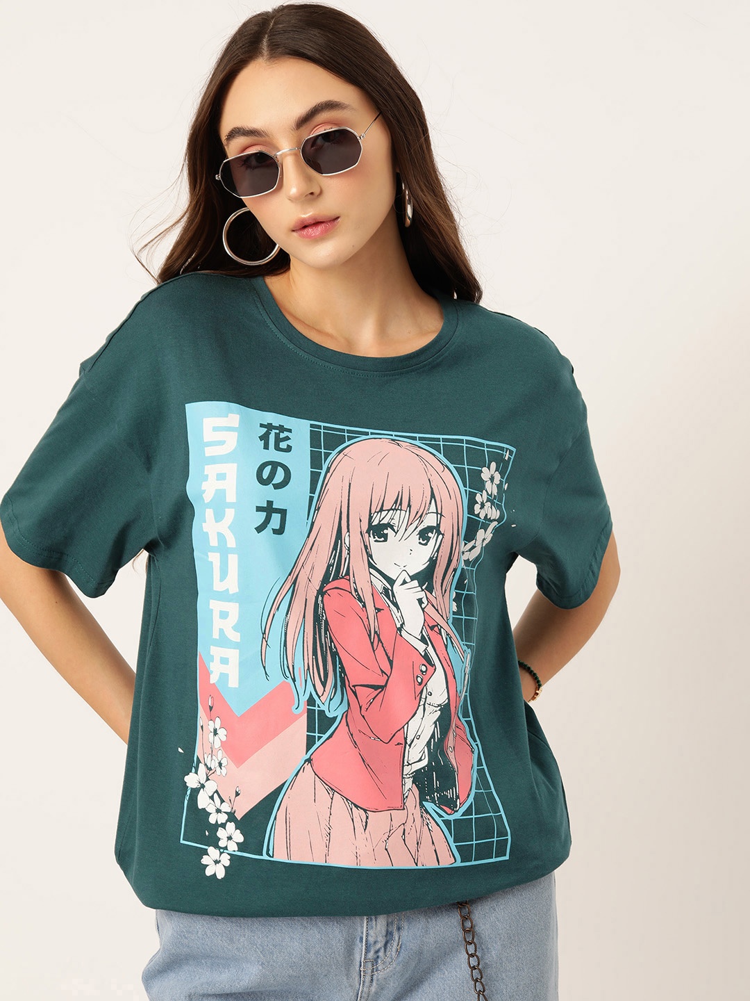 

DressBerry Women Printed Pure Cotton Longline T-shirt, Teal
