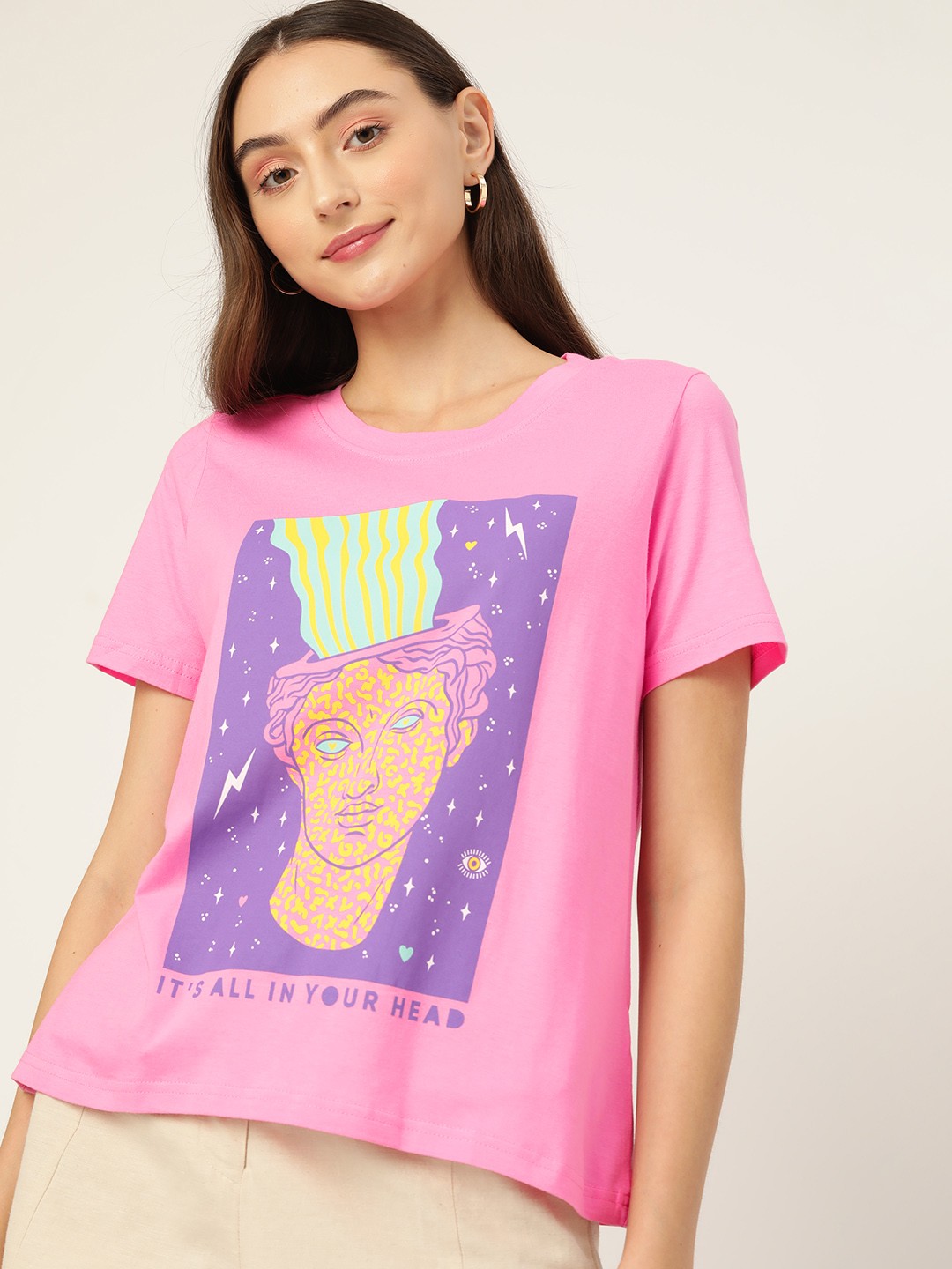 

DressBerry Women Pure Cotton Printed T-shirt, Pink