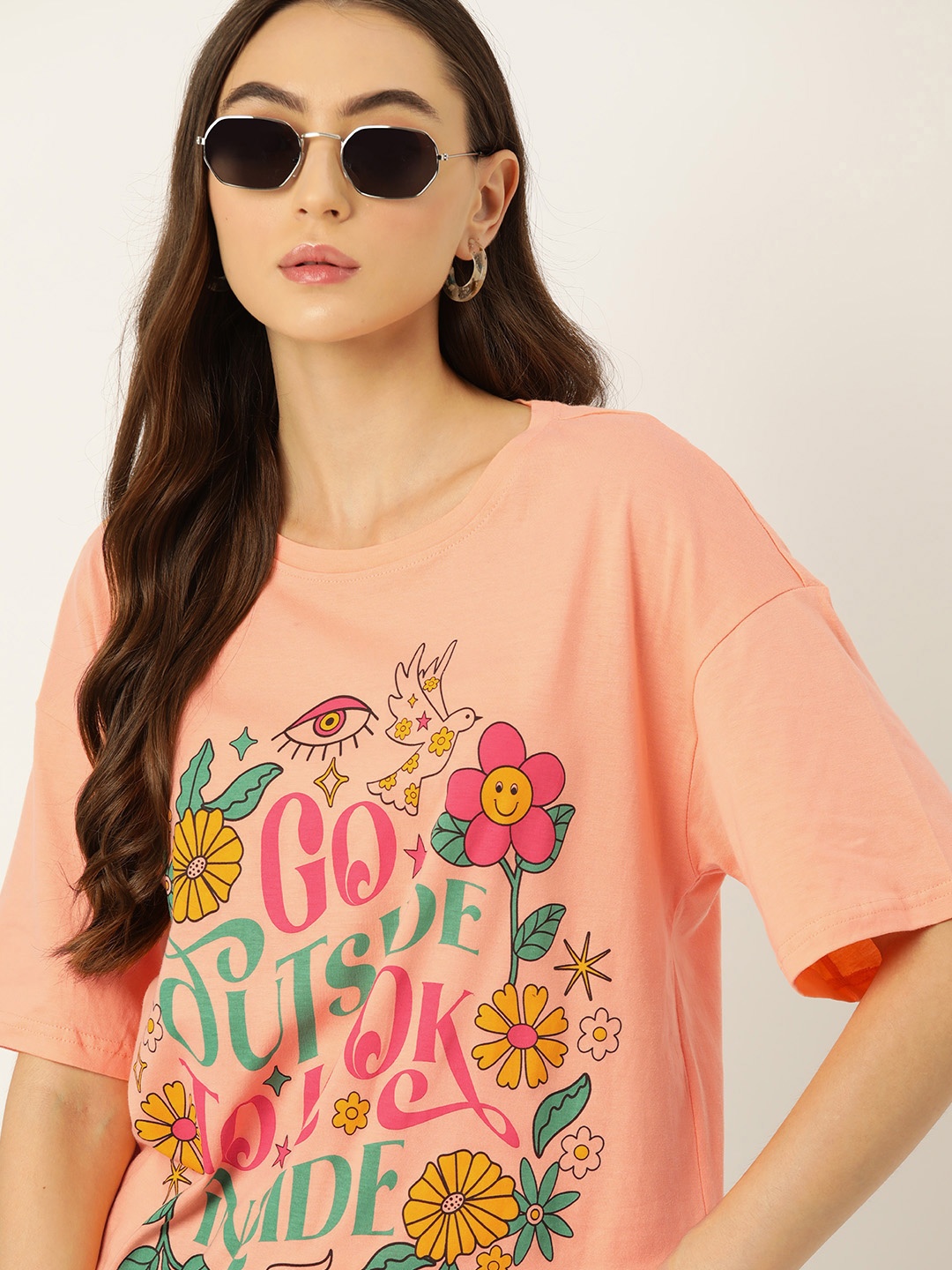 

DressBerry Graphic Printed Drop-Shoulder Sleeves Pure Cotton Oversized T-shirt, Peach