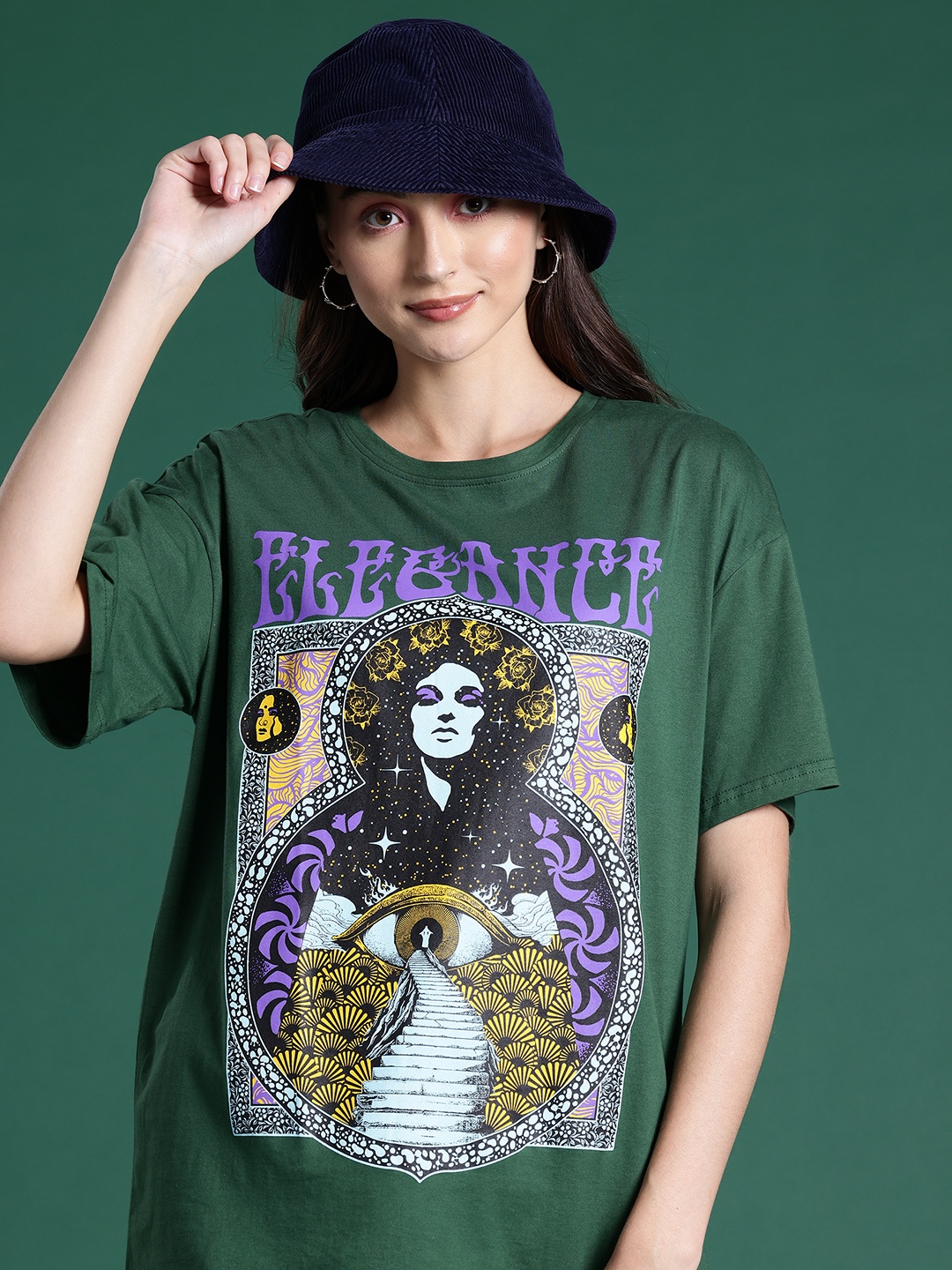 

DressBerry Printed Drop-Shoulder Sleeves Pure Cotton T-shirt, Green