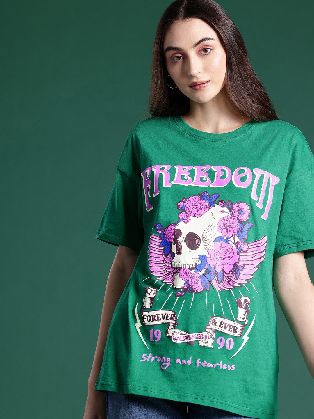 

DressBerry Printed Drop-Shoulder Sleeves Pure Cotton T-shirt, Green