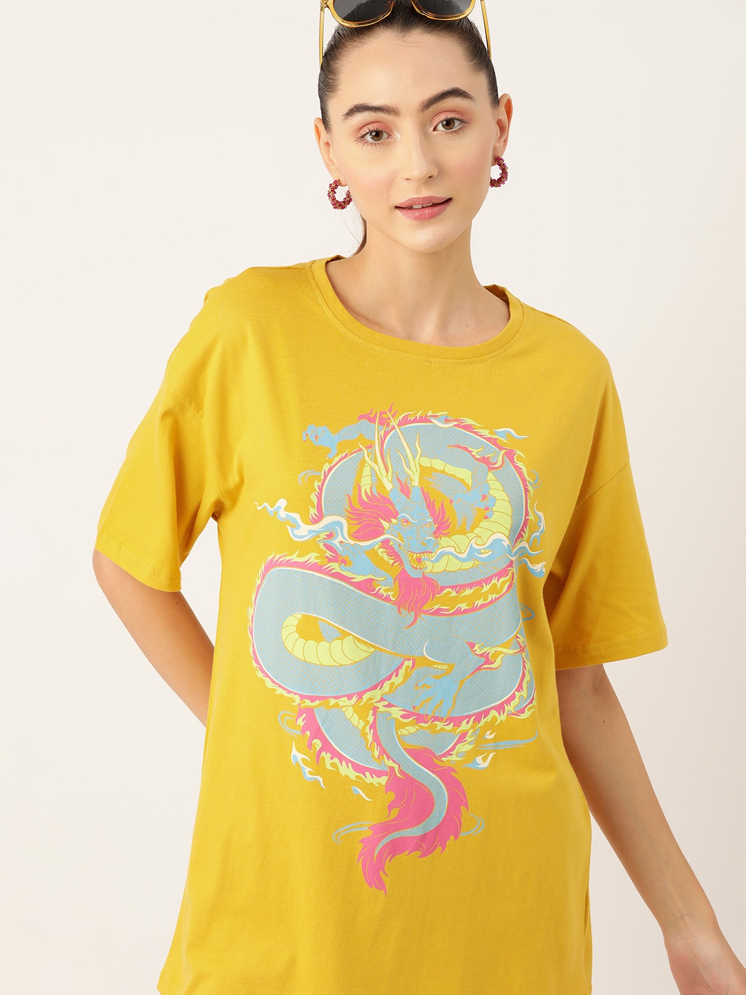 

DressBerry Printed Drop-Shoulder Pure Cotton T-shirt, Yellow