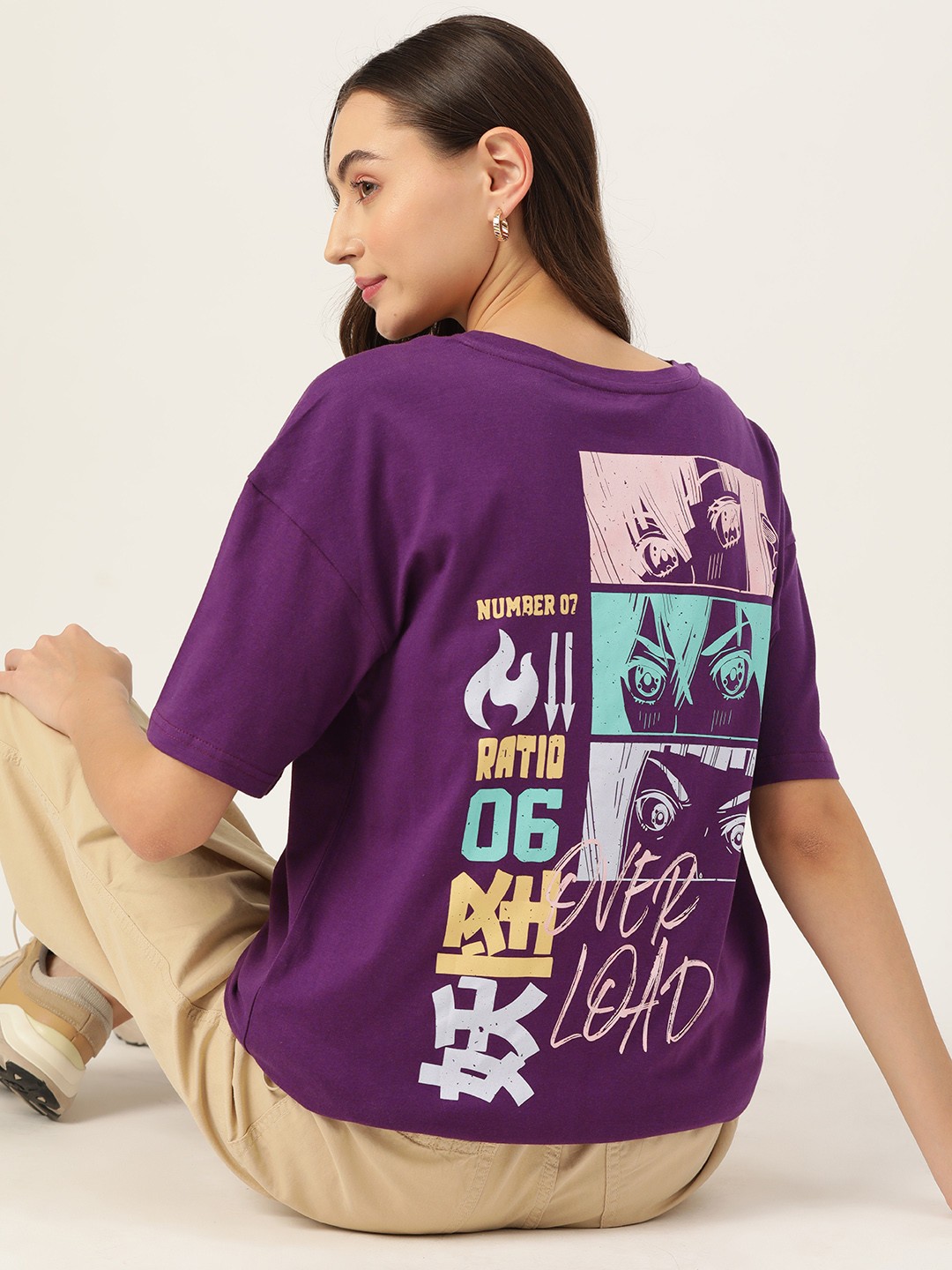 

DressBerry Women Printed Back Drop-Shoulder Sleeves Oversized Longline T-shirt, Purple