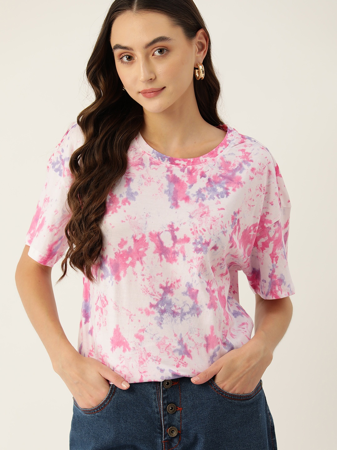 

DressBerry Tie and Dye Drop-Shoulder Sleeves Pure Cotton Longline T-shirt, Pink