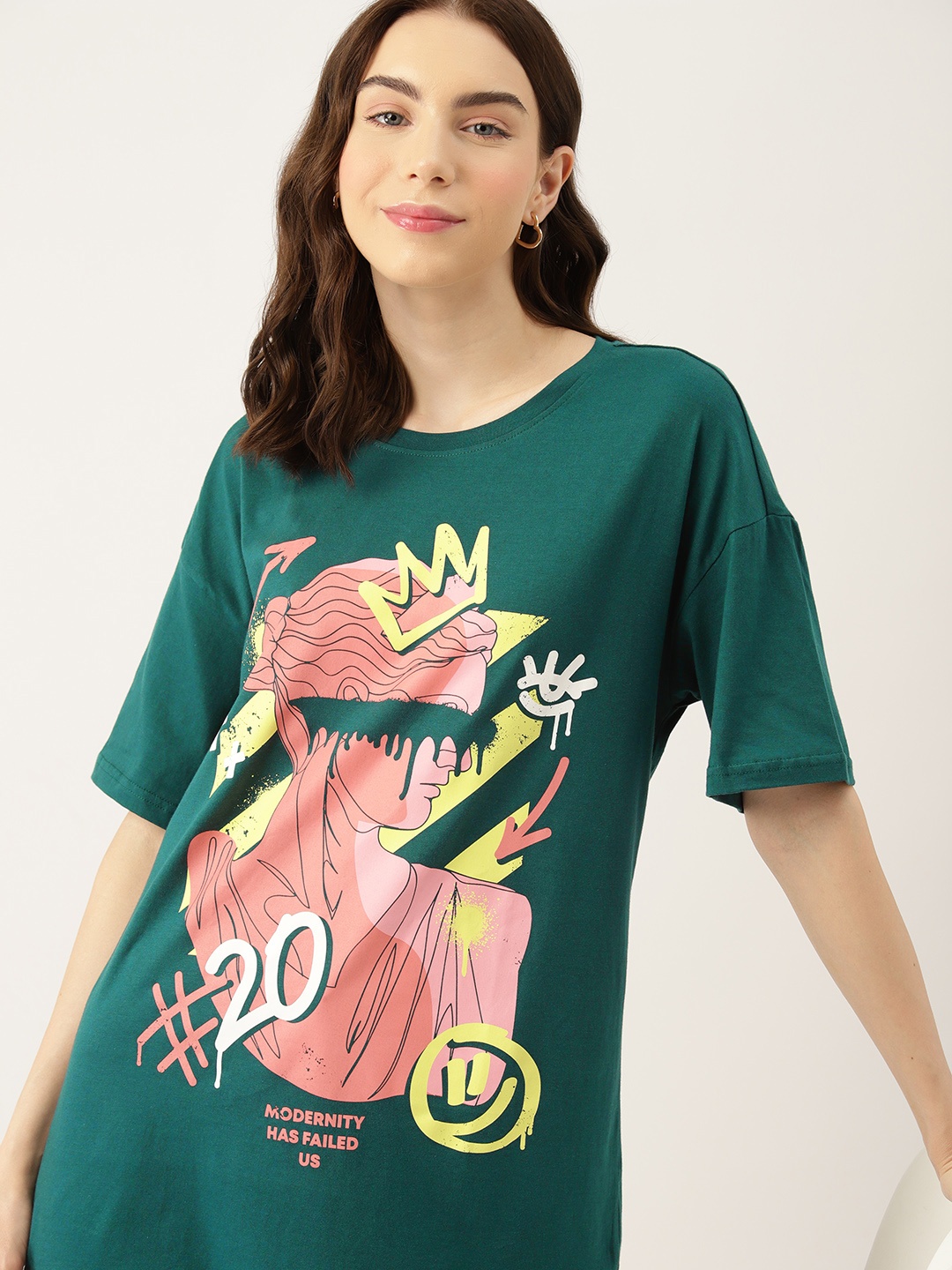 

DressBerry Pure Cotton Printed Oversized Longline T-shirt, Green