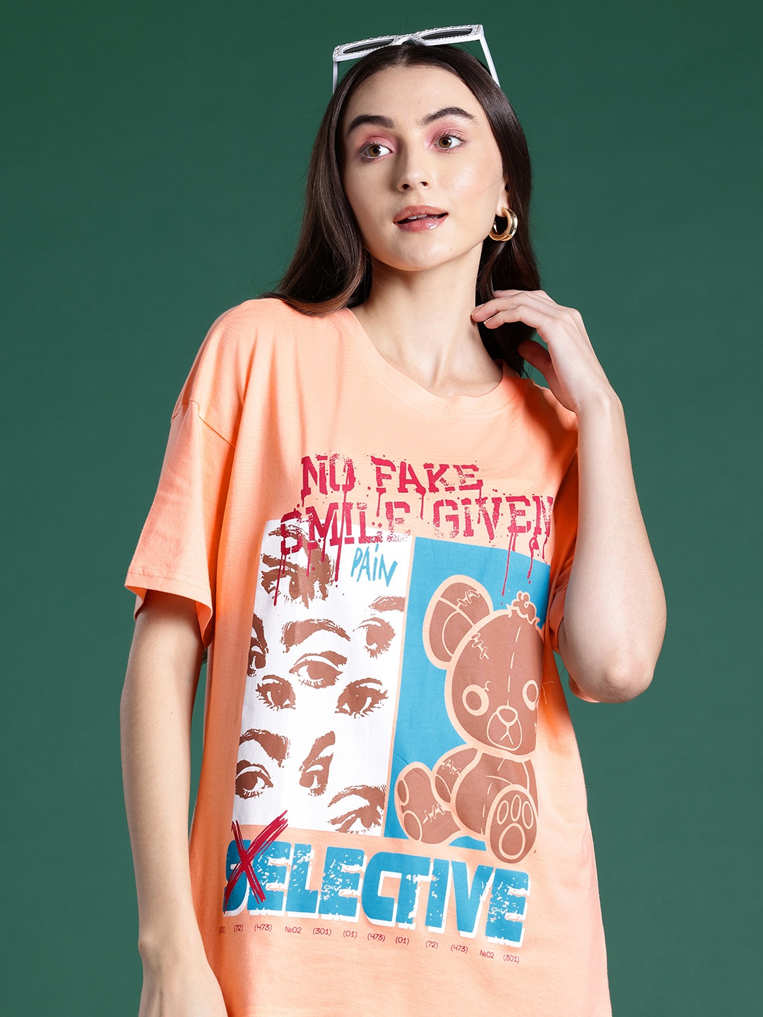 

DressBerry Printed Drop-Shoulder Sleeves Pure Cotton T-shirt, Peach