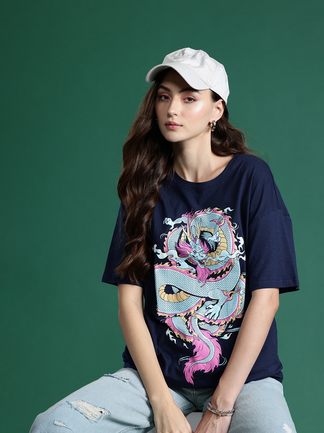 

DressBerry Graphic Printed Drop-Shoulder Sleeves Pure Cotton T-shirt, Navy blue