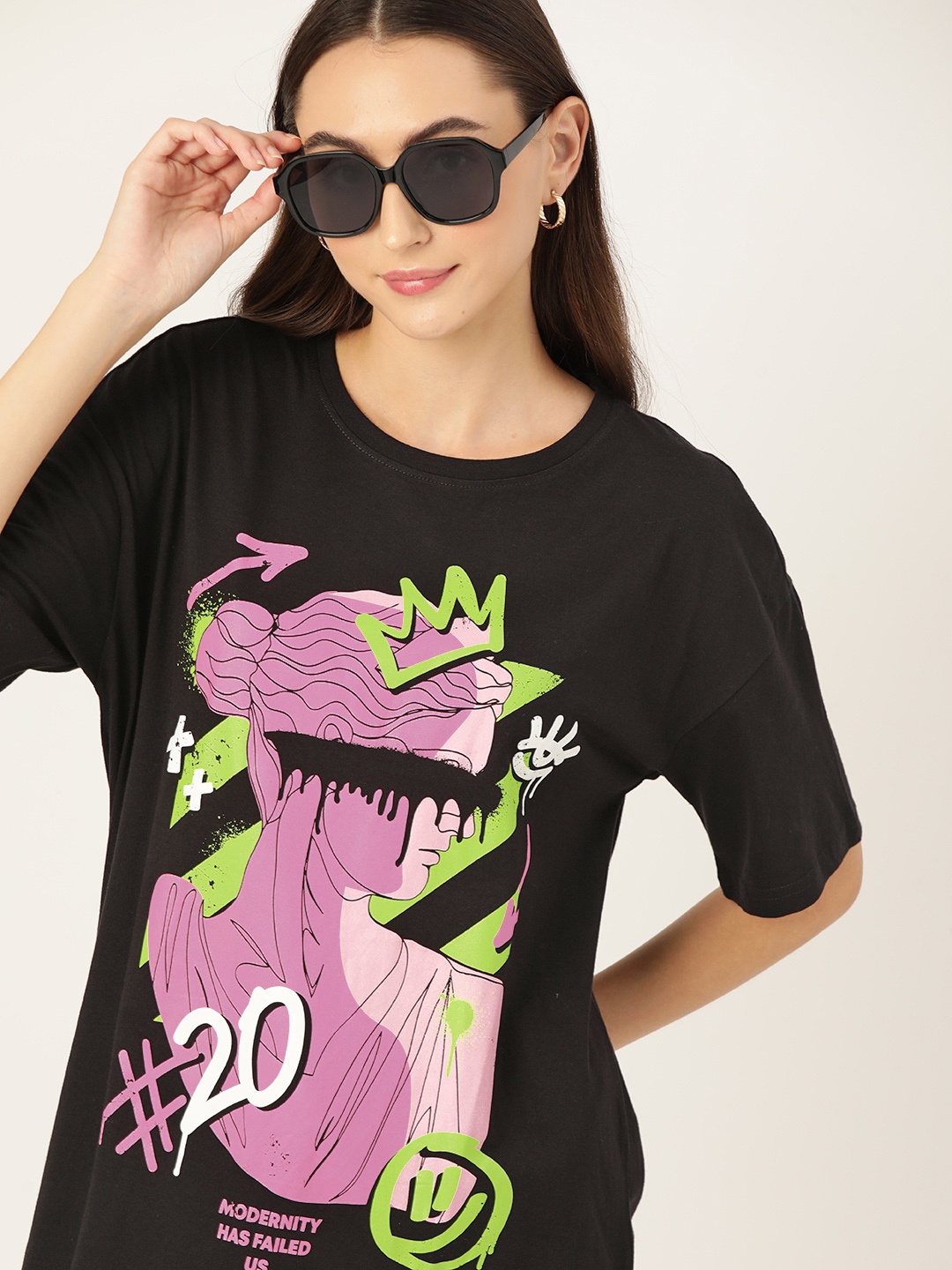 

DressBerry Women Printed Drop-Shoulder Sleeves Oversized Longline T-shirt, Black