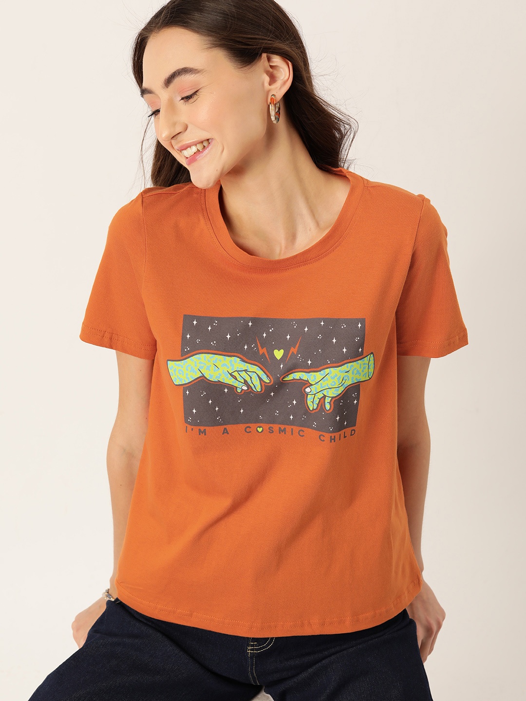 

DressBerry Women Printed Pure Cotton T-shirt, Orange