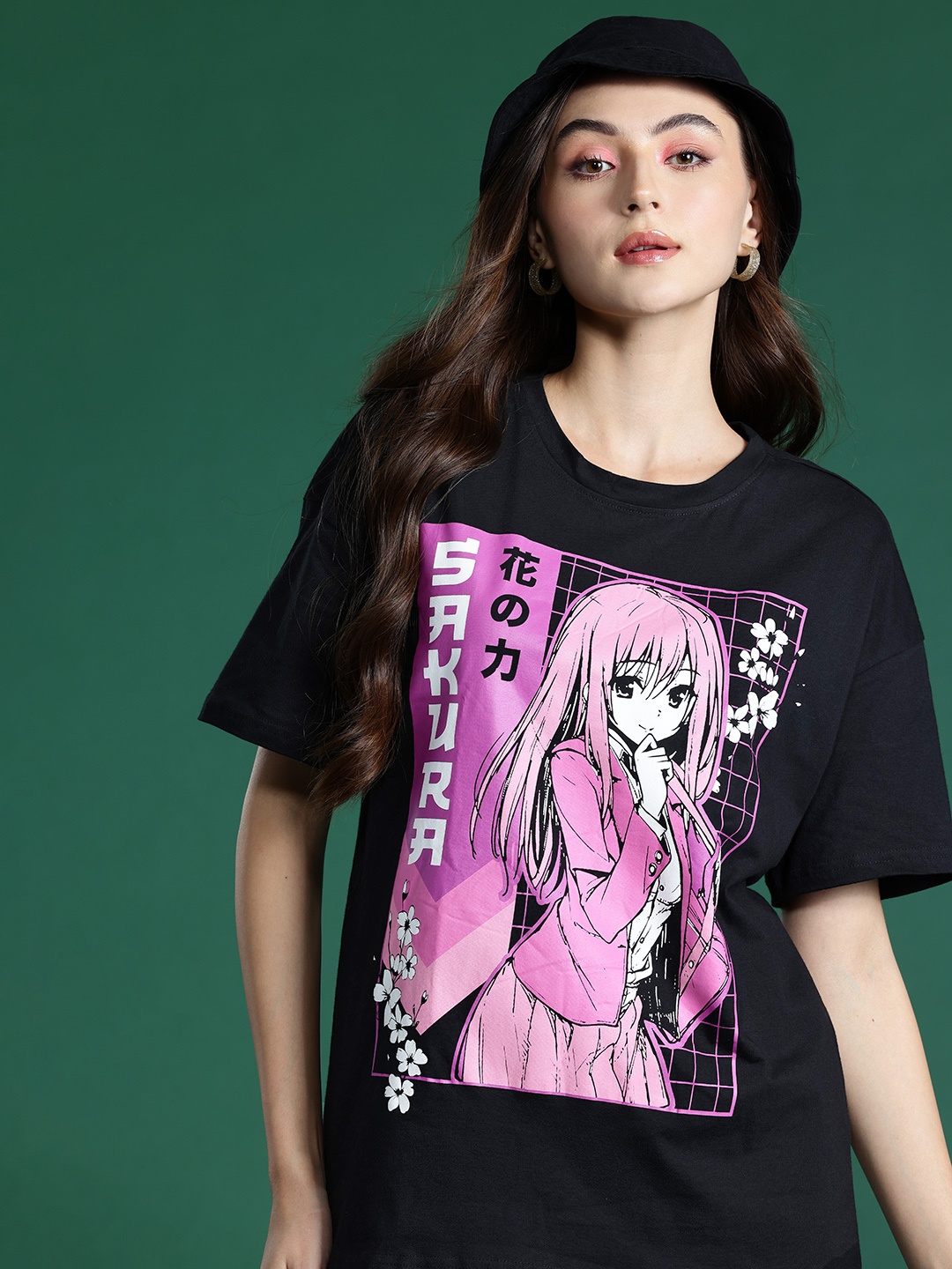 

DressBerry Graphic Printed Drop-Shoulder Sleeves Pure Cotton T-shirt, Black