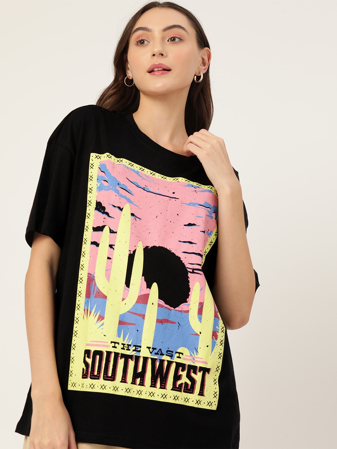 

DressBerry Women Printed Drop-Shoulder Sleeves Oversized Longline T-shirt, Black