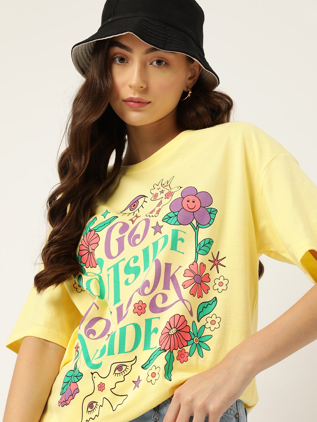 

DressBerry Graphic Printed Drop-Shoulder Sleeves Pure Cotton Oversized T-shirt, Yellow