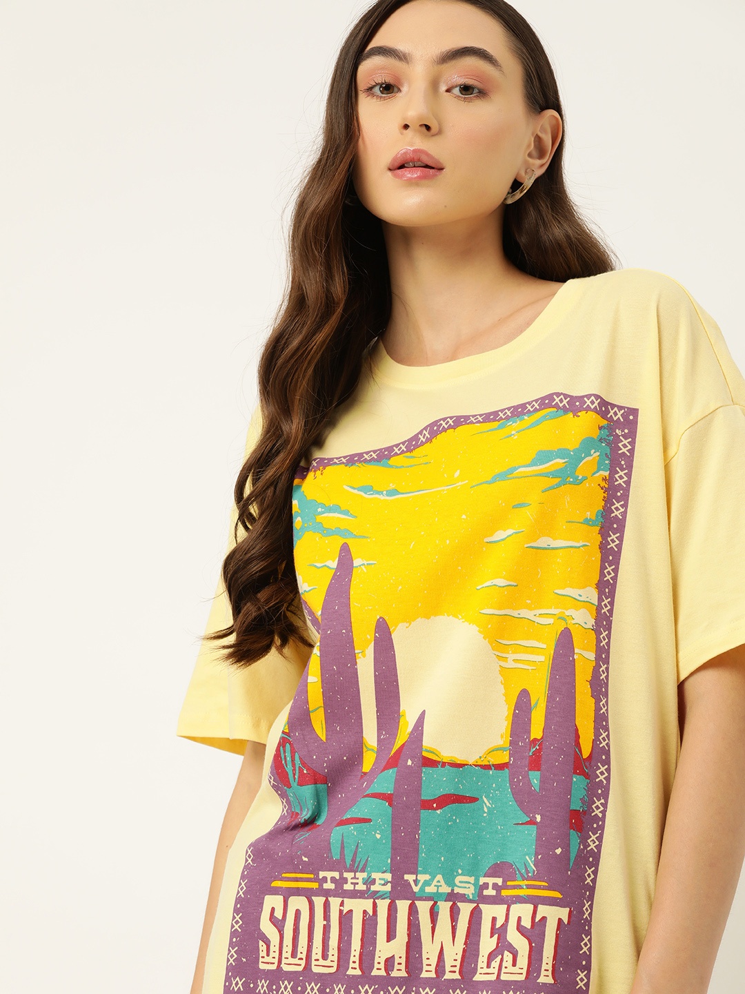 

DressBerry Printed Drop-Shoulder Sleeves Pure Cotton Oversized T-shirt, Yellow