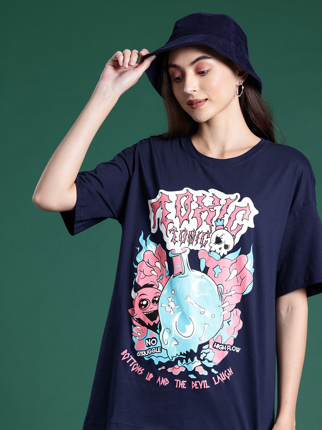 

DressBerry Printed Drop-Shoulder Sleeves Pure Cotton T-shirt, Navy blue