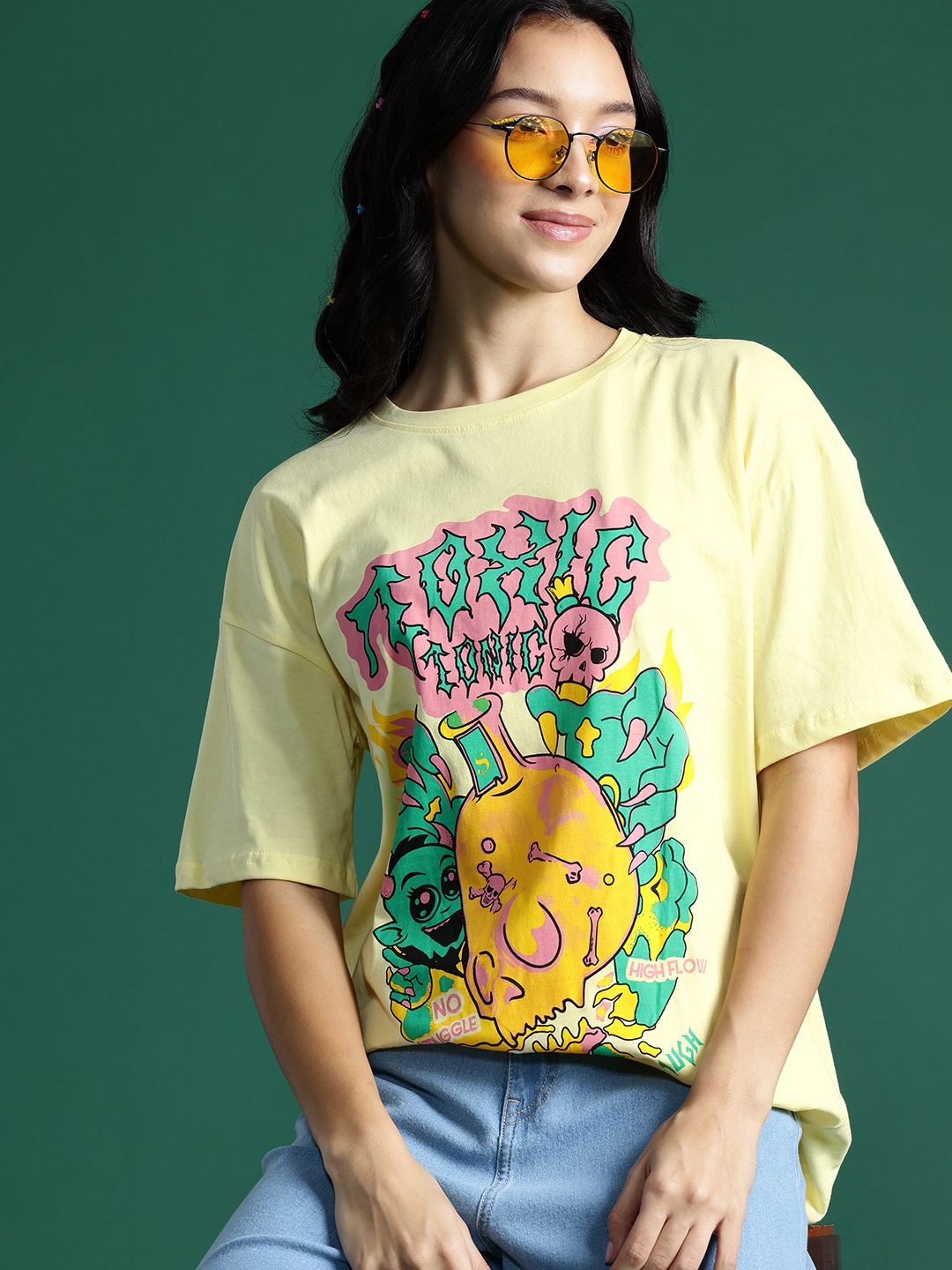 

DressBerry Women Printed Pure Cotton Oversized T-shirt, Yellow