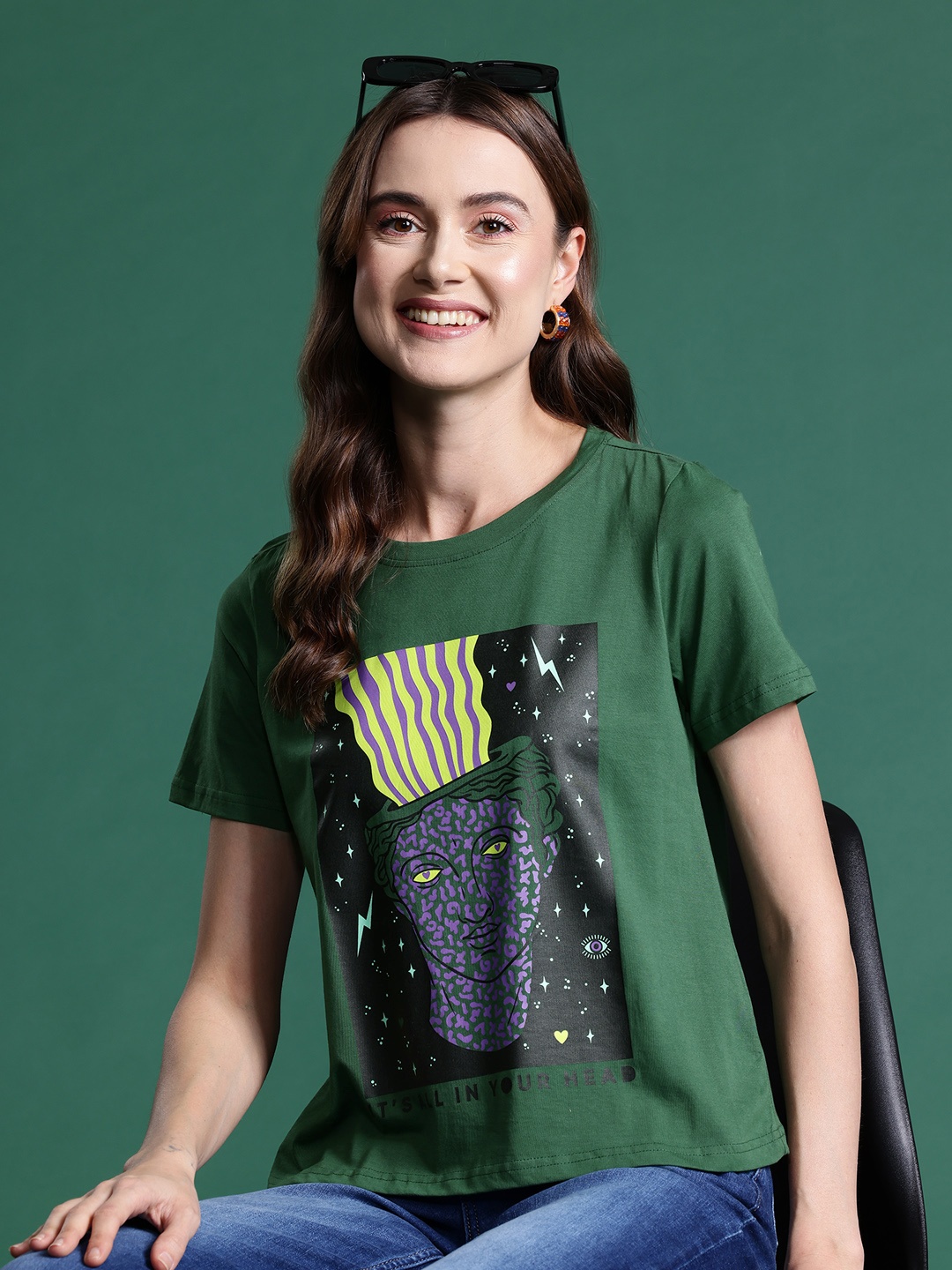 

DressBerry Women Printed Pure Cotton T-shirt, Green
