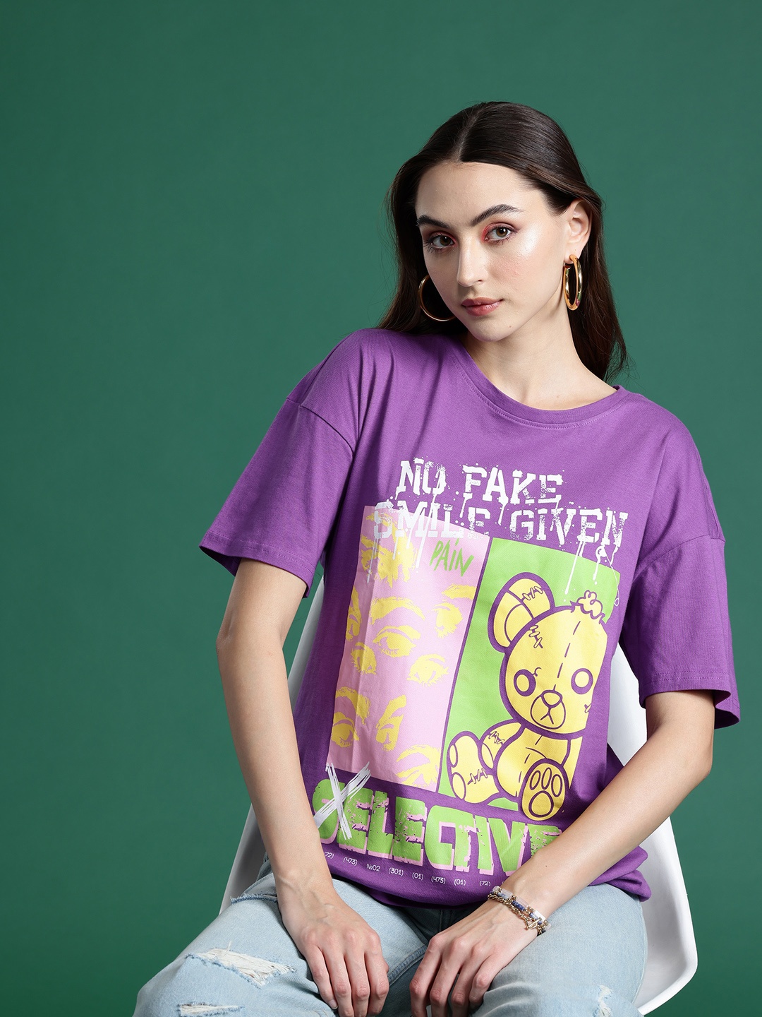 

DressBerry Graphic Printed Drop-Shoulder Sleeves Pure Cotton T-shirt, Purple
