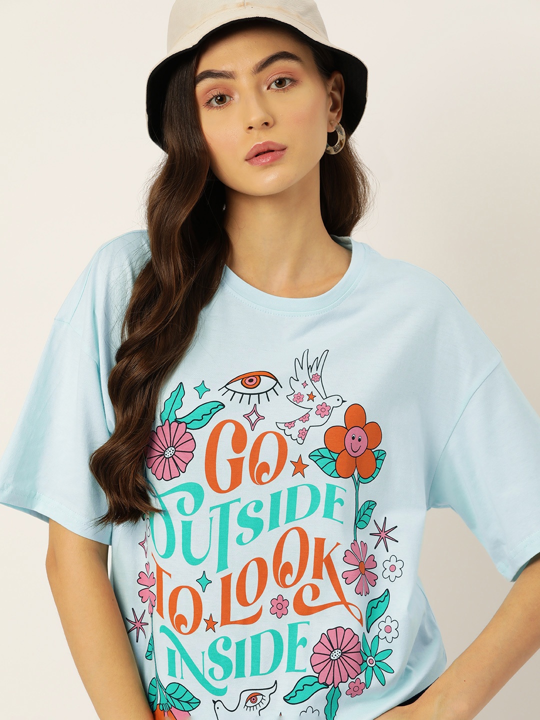 

DressBerry Graphic Printed Drop-Shoulder Sleeves Pure Cotton Oversized T-shirt, Blue