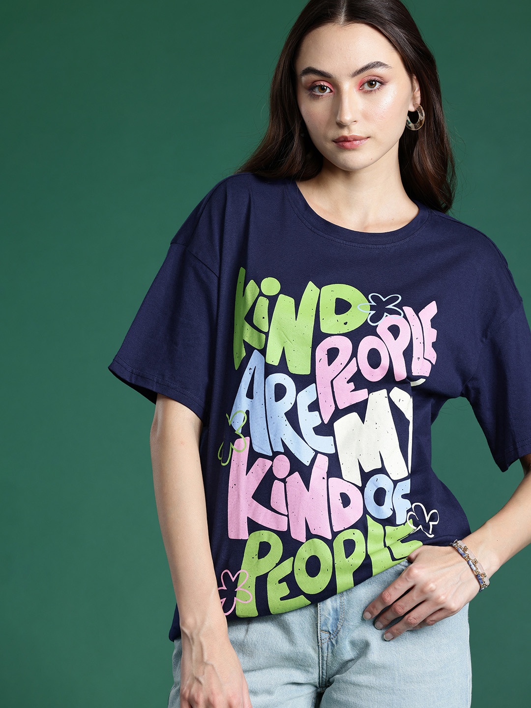 

DressBerry Typography Printed Drop-Shoulder Sleeves Pure Cotton T-shirt, Navy blue