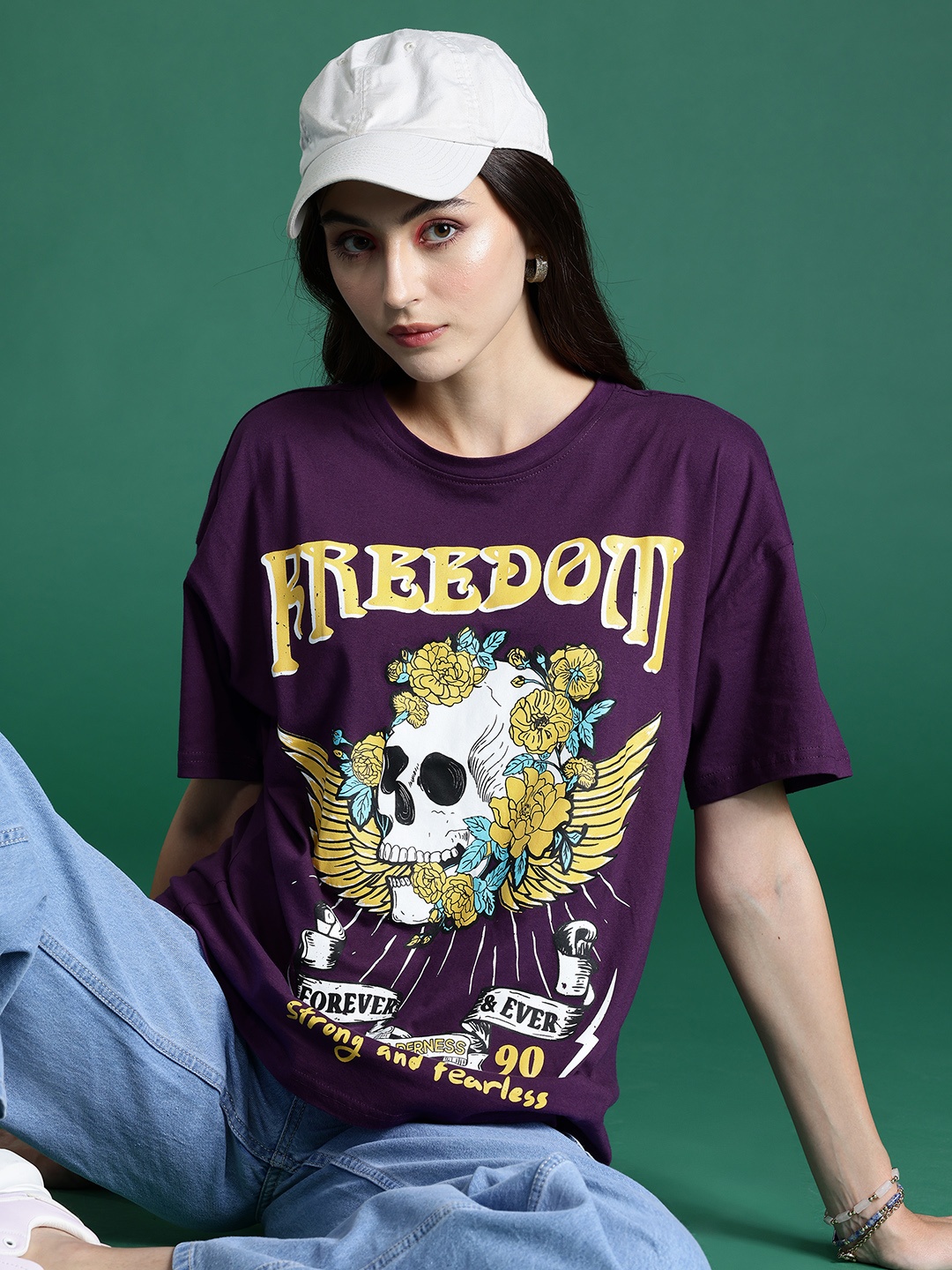 

DressBerry Graphic Printed Drop-Shoulder Sleeves Pure Cotton T-shirt, Purple