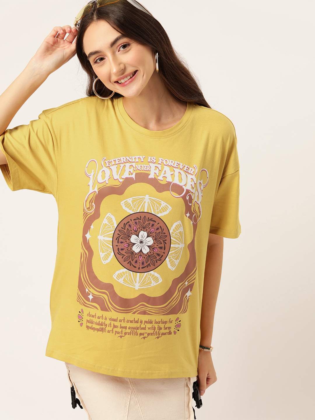 

DressBerry Printed Pure Cotton Oversized T-shirt, Mustard