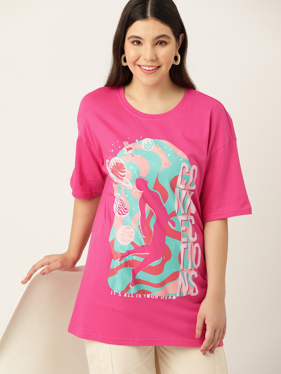 

DressBerry Printed Oversized Longline Pure Cotton T-shirt, Pink