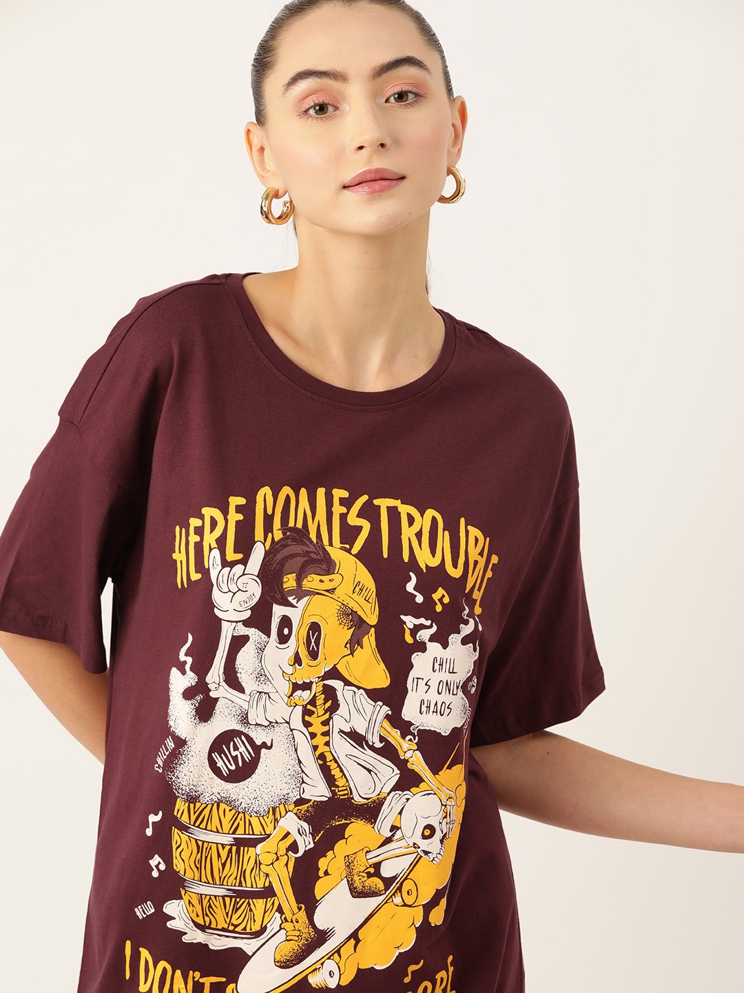 

DressBerry Printed Drop-Shoulder Pure Cotton T-shirt, Maroon