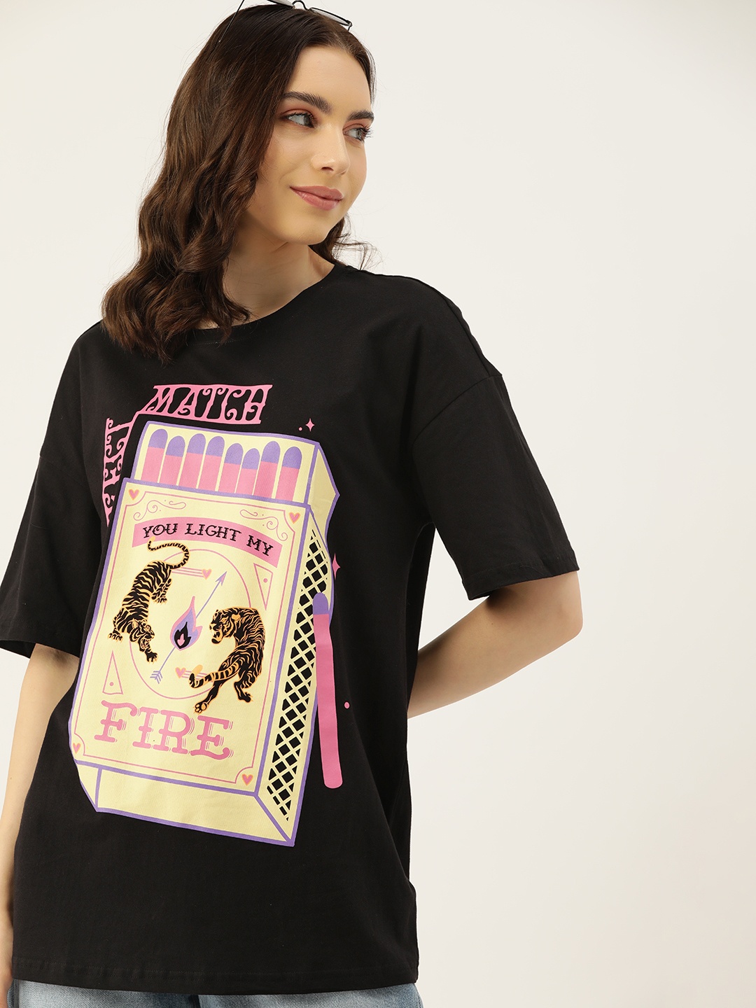 

DressBerry Printed Drop-Shoulder Sleeves Pure Cotton T-shirt, Black