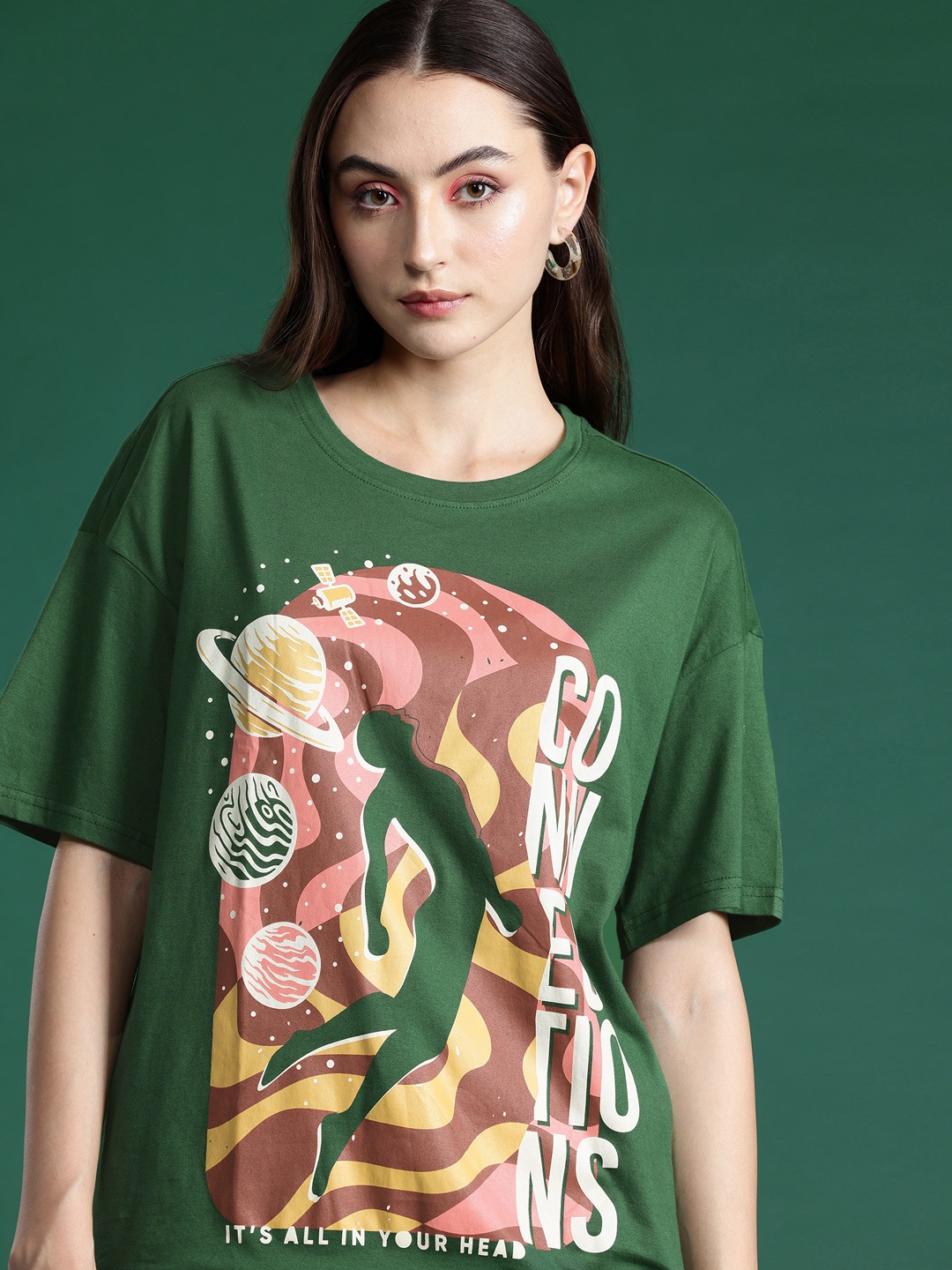 

DressBerry Graphic Printed Drop-Shoulder Sleeves Pure Cotton T-shirt, Green