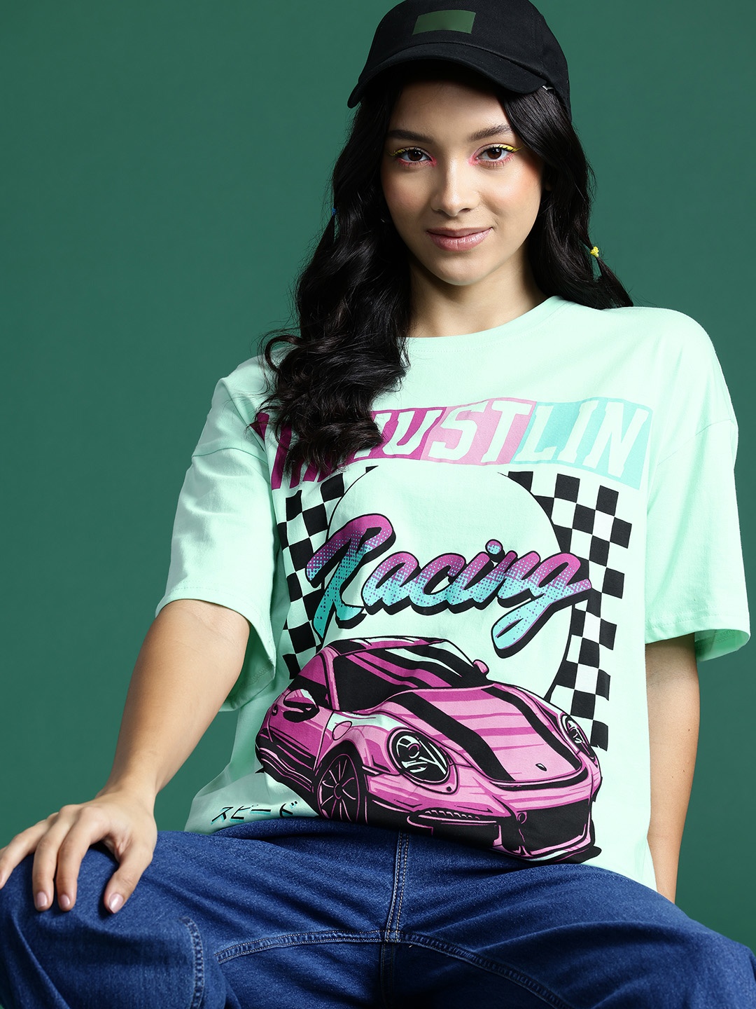 

DressBerry Women Printed Pure Cotton Oversized T-shirt, Green