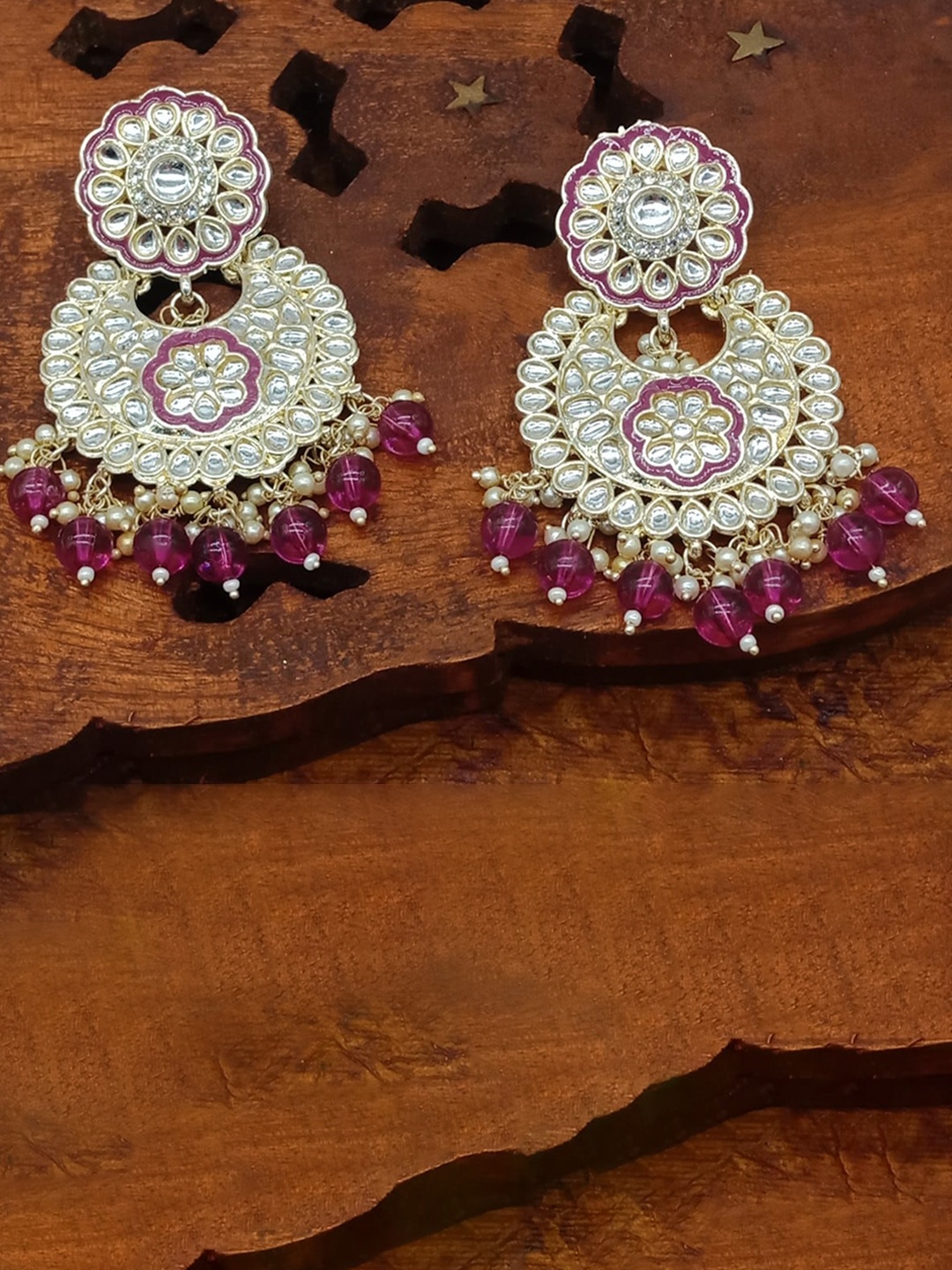 

AASHISH IMITATION Gold Plated Kundan Studded And Beaded Chandbalis