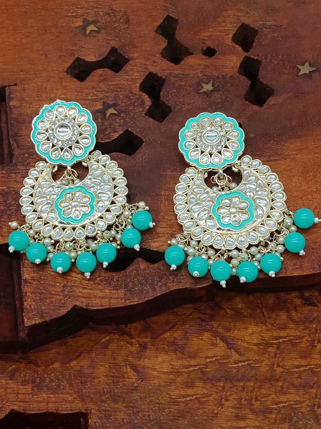 

AASHISH IMITATION Gold-Plated Kundan Studded Contemporary Chandbalis, Silver