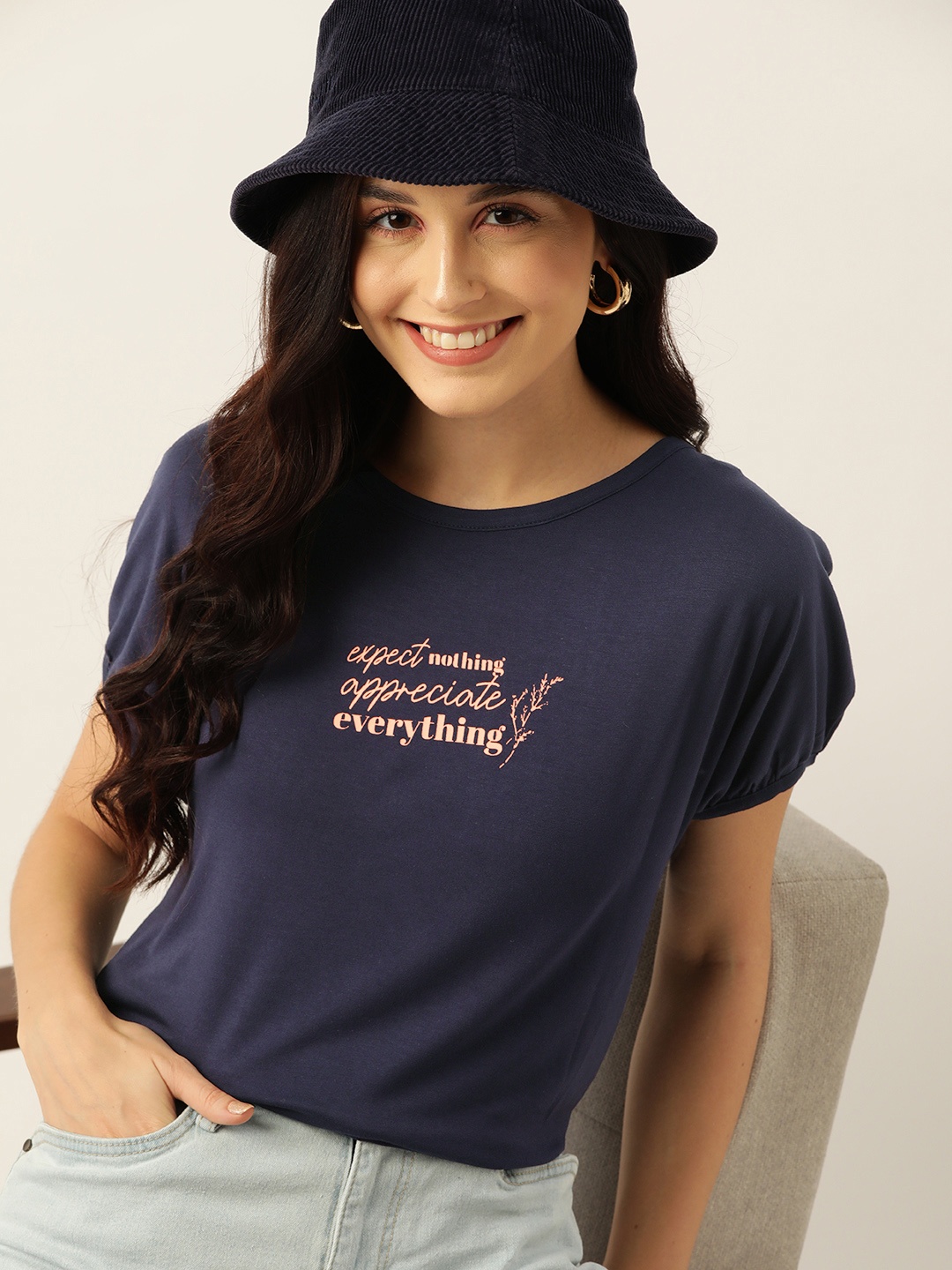 

Mast & Harbour Typography Print Extended Sleeves Cotton T-shirt, Navy blue