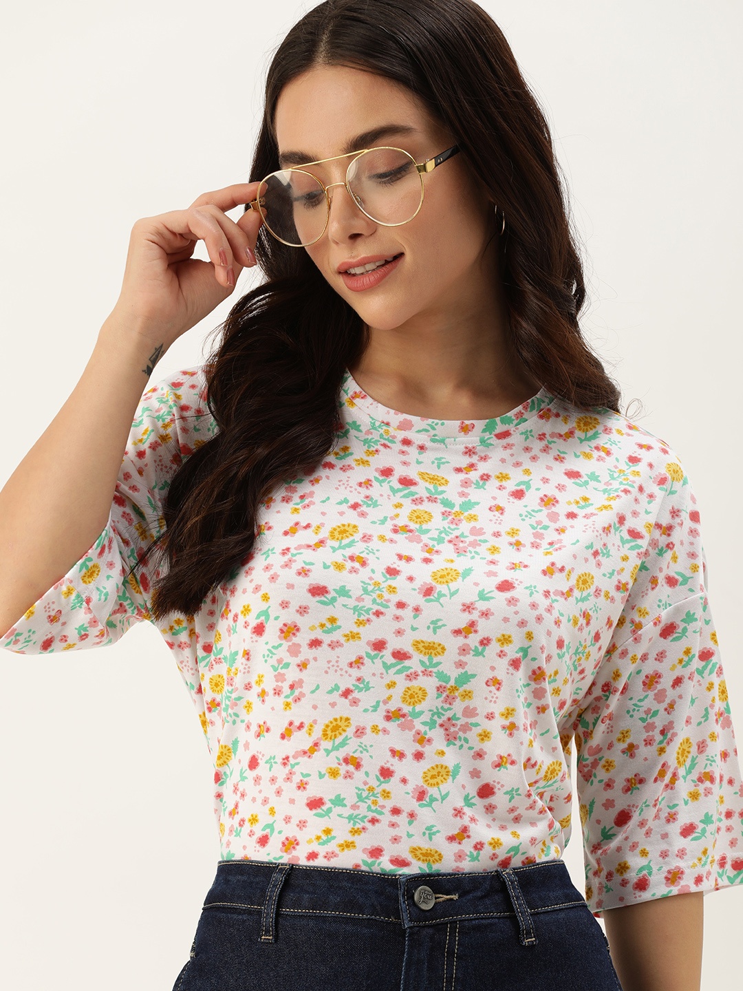 

Mast & Harbour Floral Printed Drop-Shoulder Sleeves Pure Cotton T-shirt, White