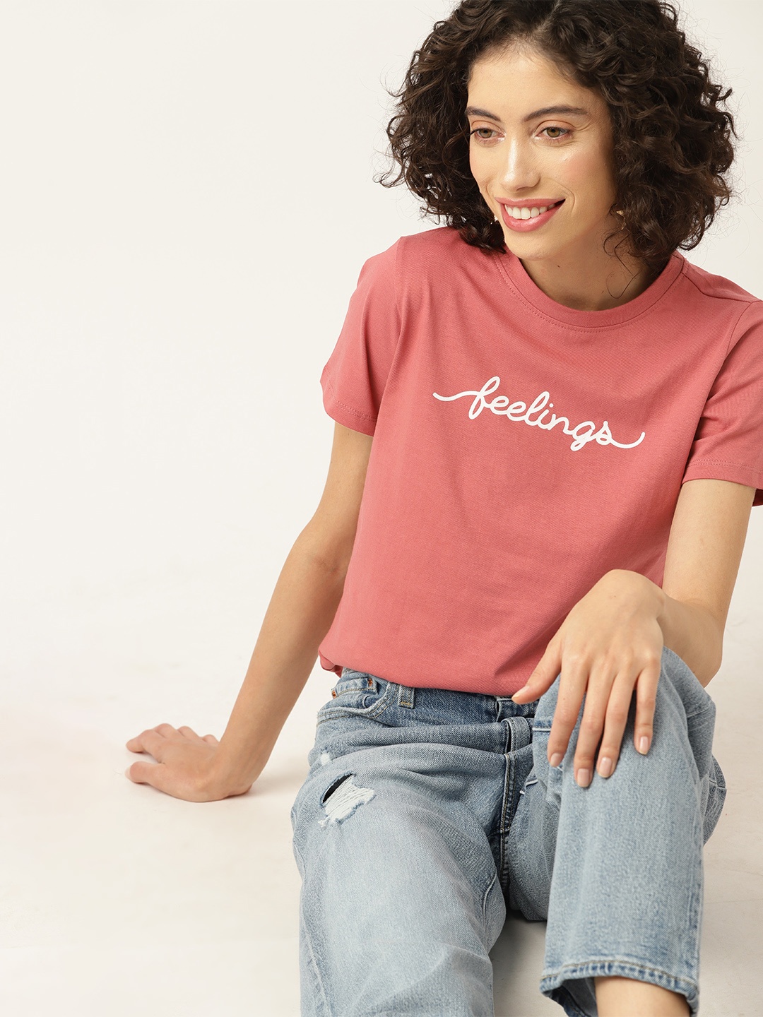 

Mast & Harbour Typography Printed Round Neck Cotton T-shirt, Peach