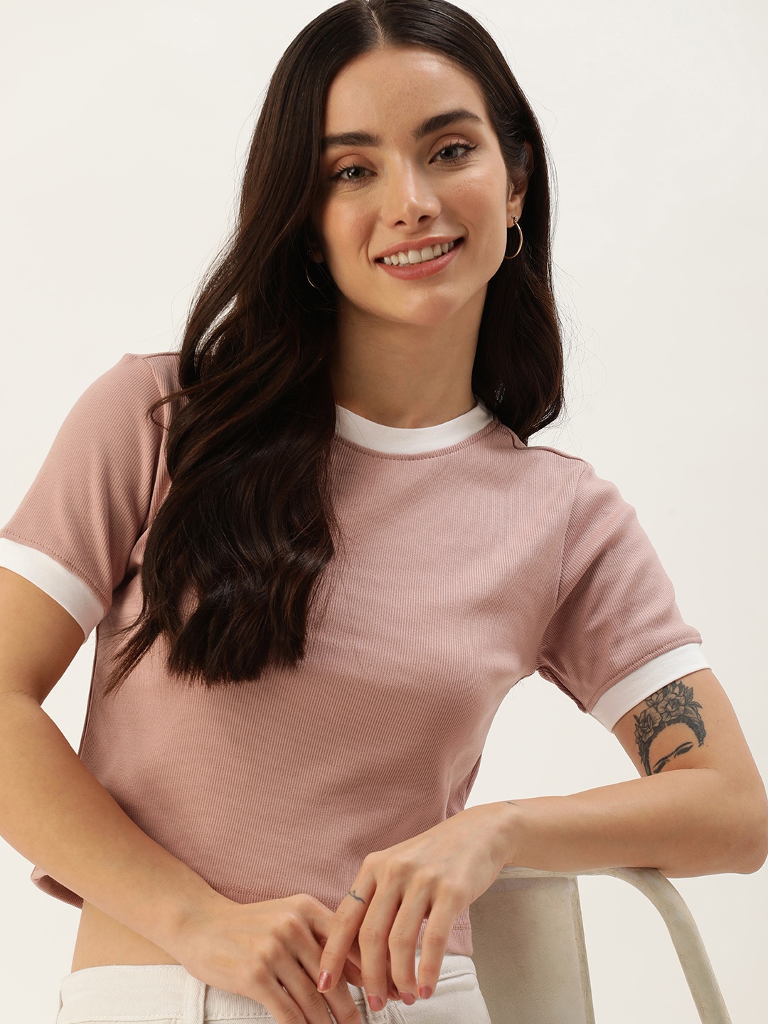 

Mast & Harbour Ribbed Pure Cotton Crop T-shirt, Pink
