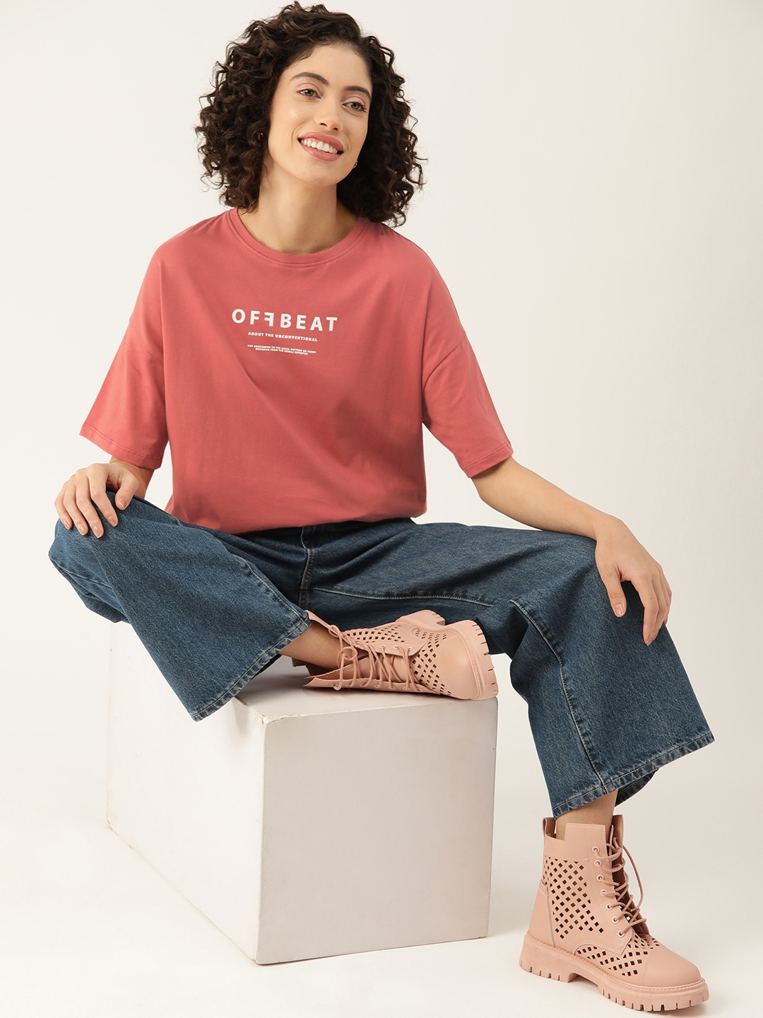 

Mast & Harbour Women Typography Printed Drop-Shoulder Sleeves Pure Cotton Boxy T-shirt, Rose