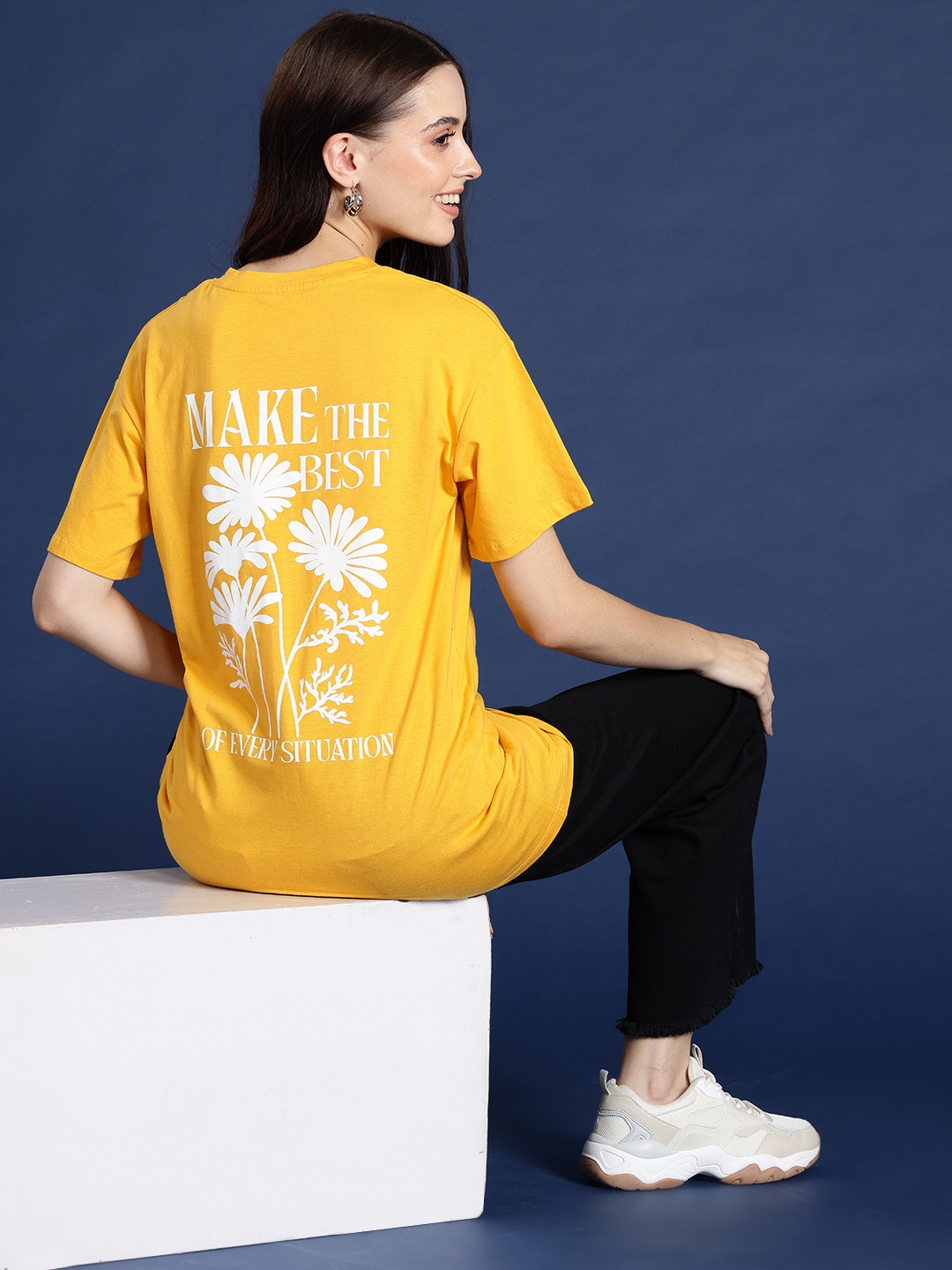 

Mast & Harbour Typography Printed Drop-Shoulder Sleeves Longline T-shirt, Yellow