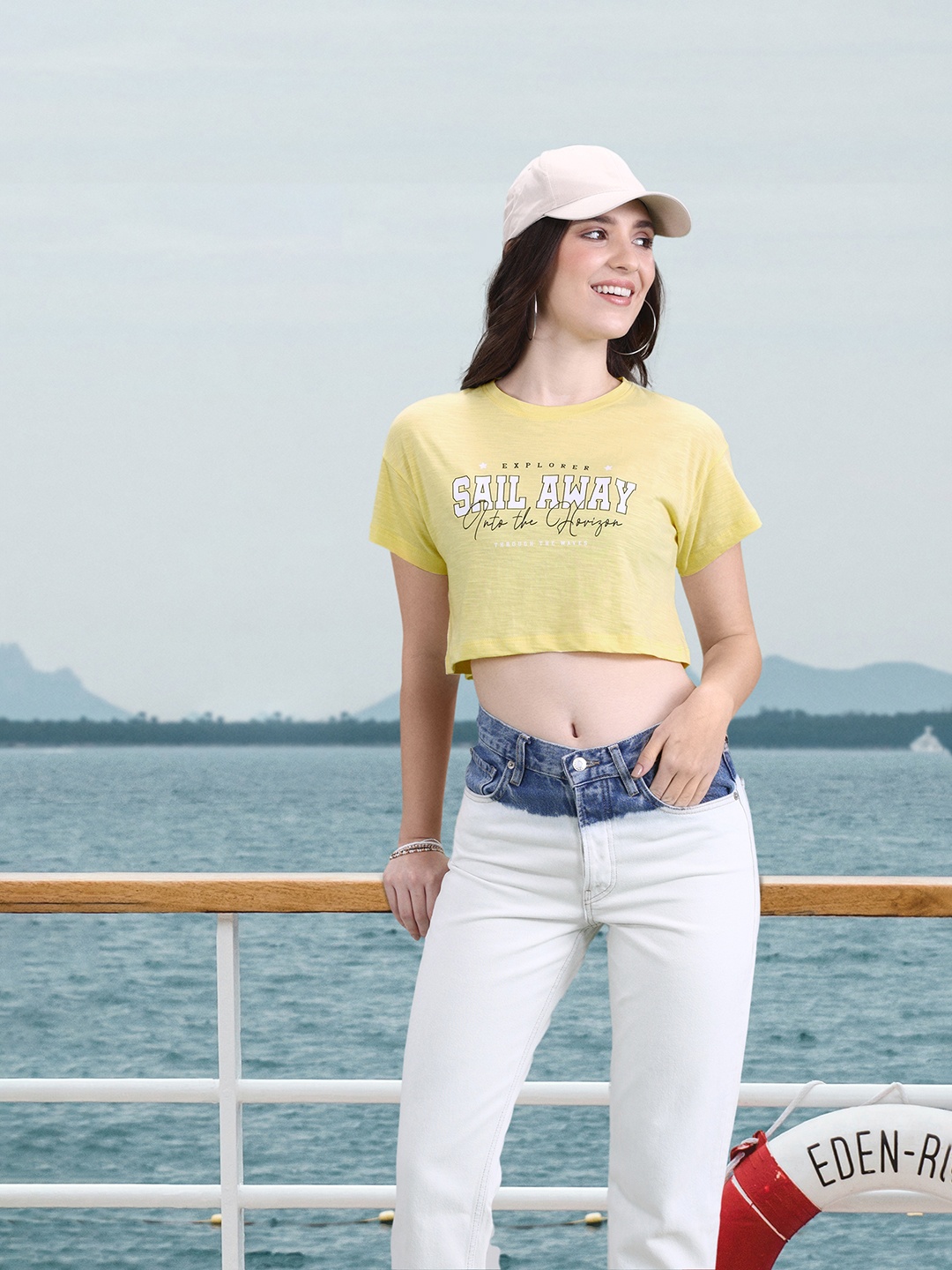 

Mast & Harbour Typography Printed Pure Cotton Crop T-shirt, Yellow