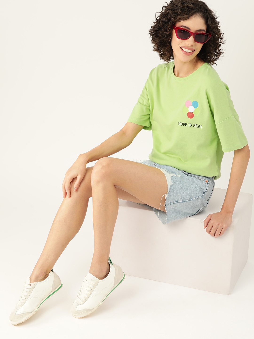 

Mast & Harbour Typography Printed Drop-Shoulder Sleeves Pure Cotton T-shirt, Green