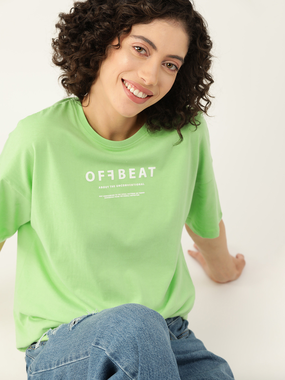 

Mast & Harbour Typography Printed Drop-Shoulder Sleeves Pure Cotton T-shirt, Green