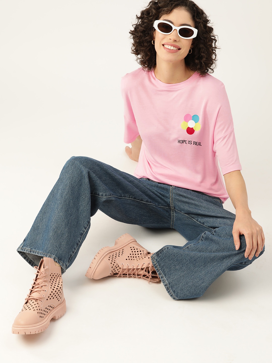 

Mast & Harbour Printed Drop-Shoulder Sleeves T-shirt, Pink