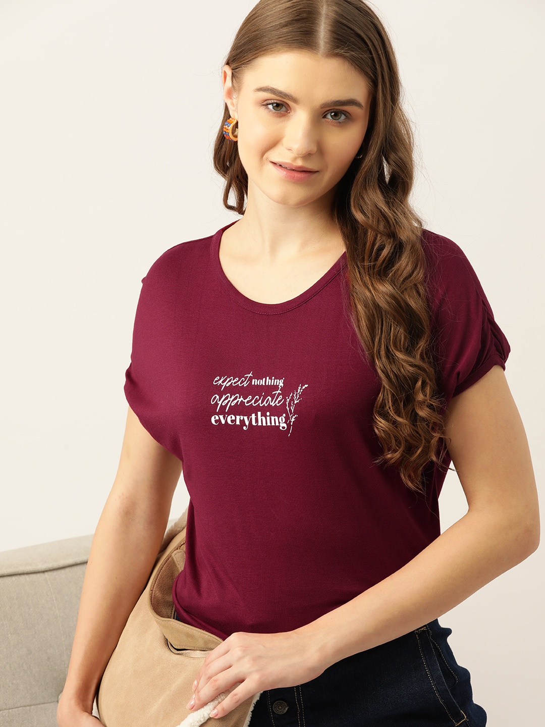 

Mast & Harbour Typography Print Extended Sleeves Cotton T-shirt, Burgundy