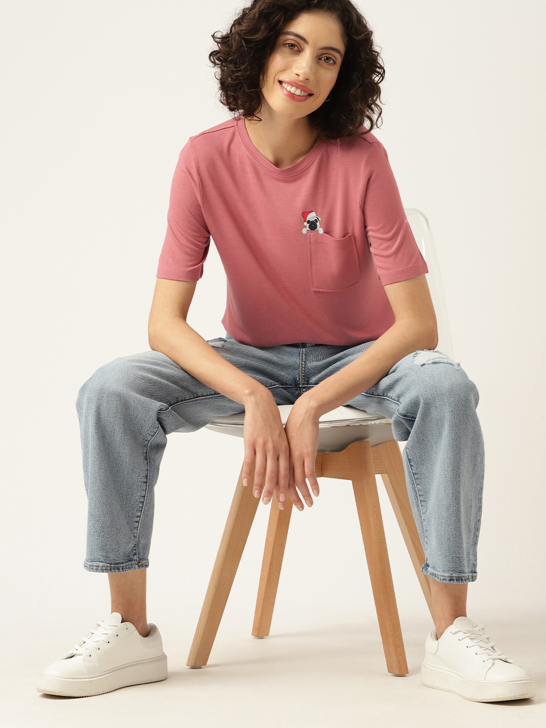 

Mast & Harbour Printed Detail Round Neck T-shirt with Pockets, Pink